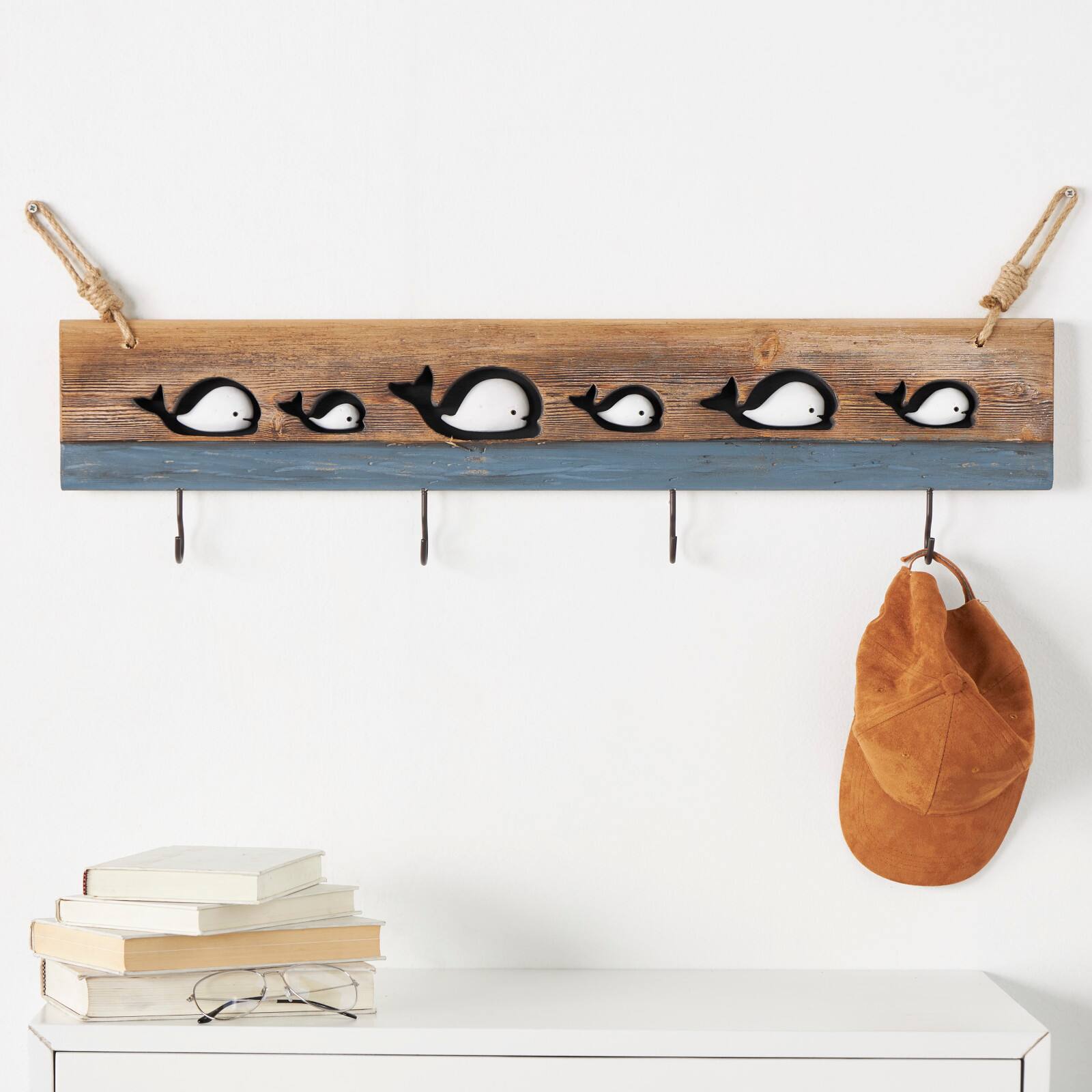 33.63" x 13.25" Brown Wood Handmade Distressed 4 Hanger Wall Hook with White Whales and Hanging Rope