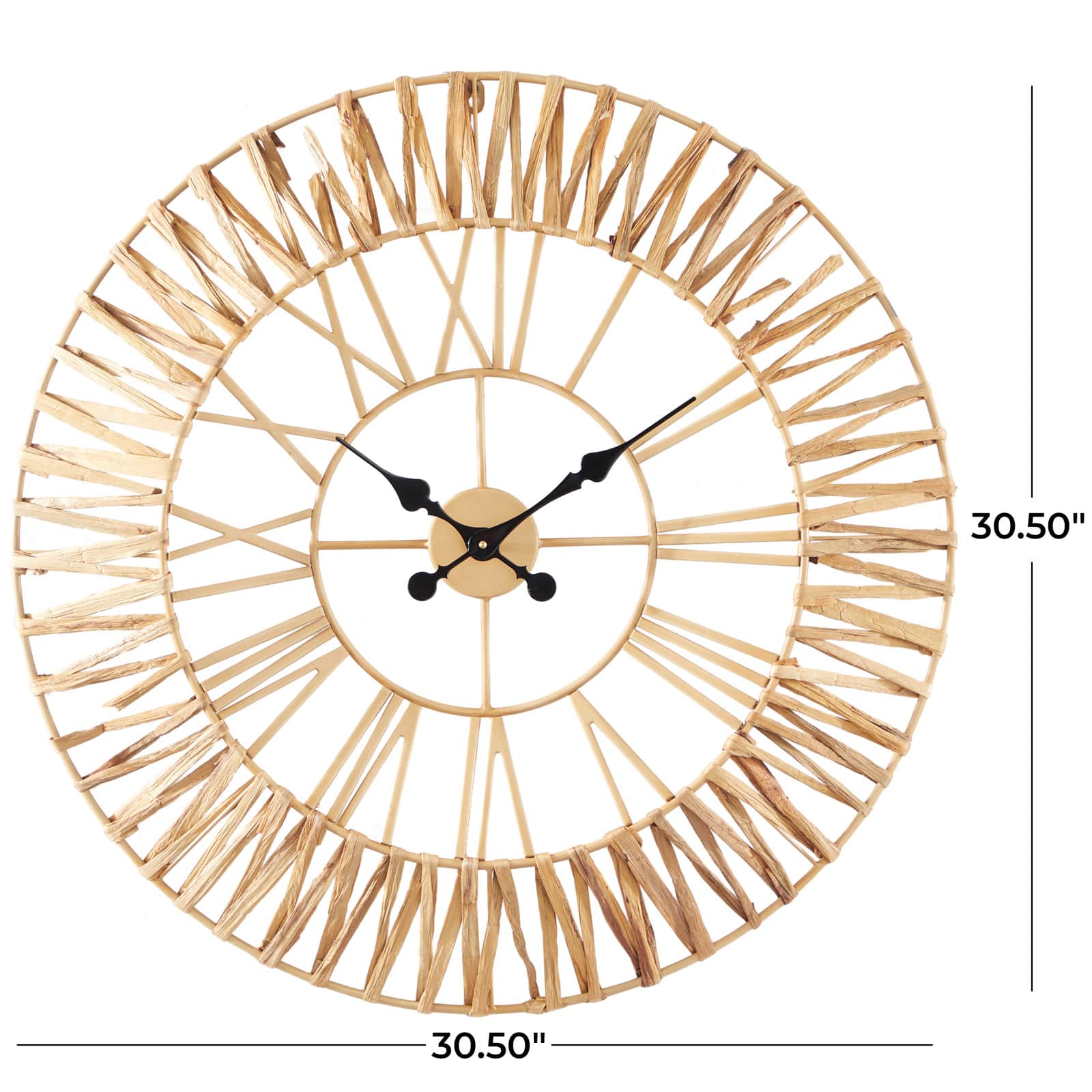 30.5" Gold Seagrass Round Wall Clock with Weaving Design