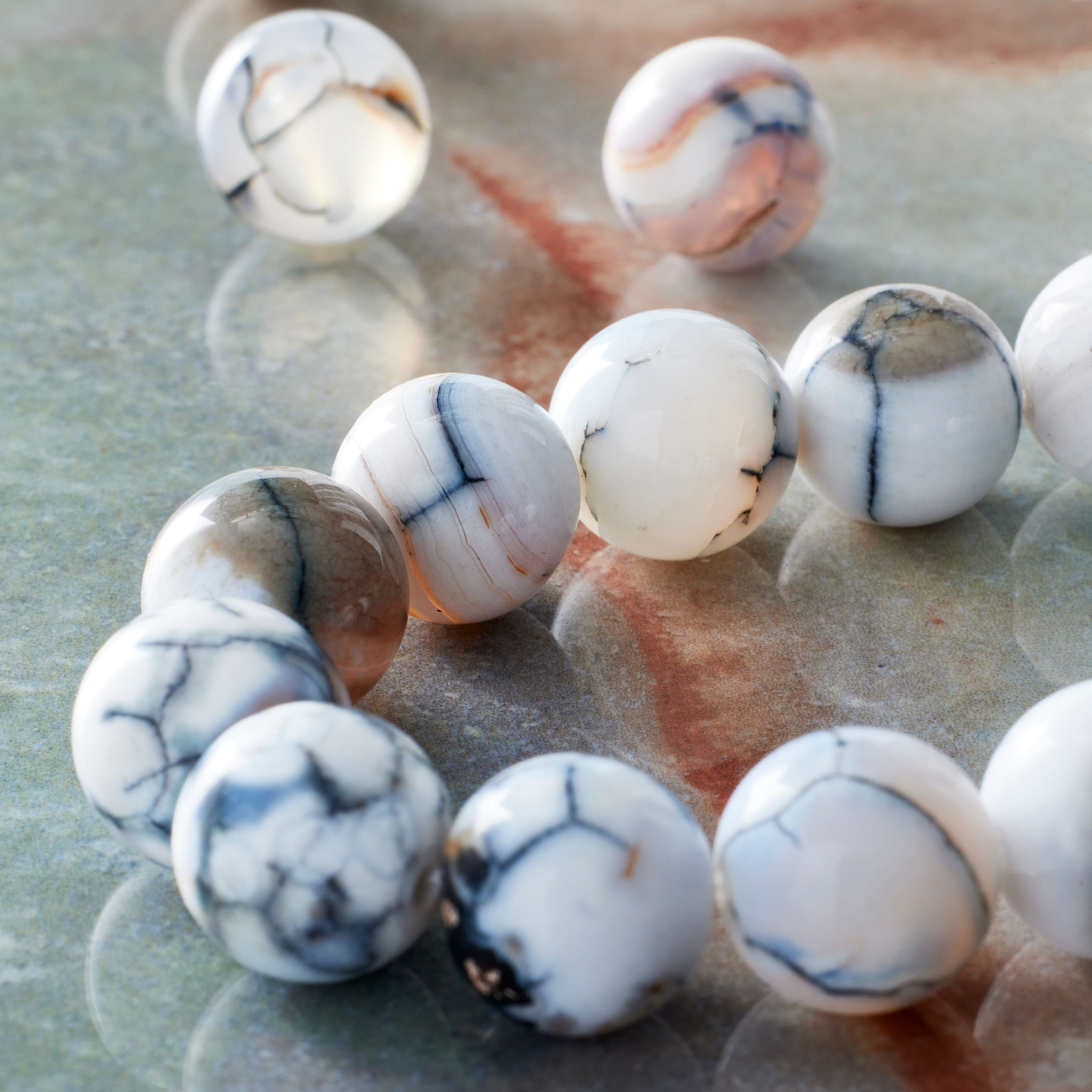 12 Pack: Black & White Fire Agate Round Beads by Bead Landing