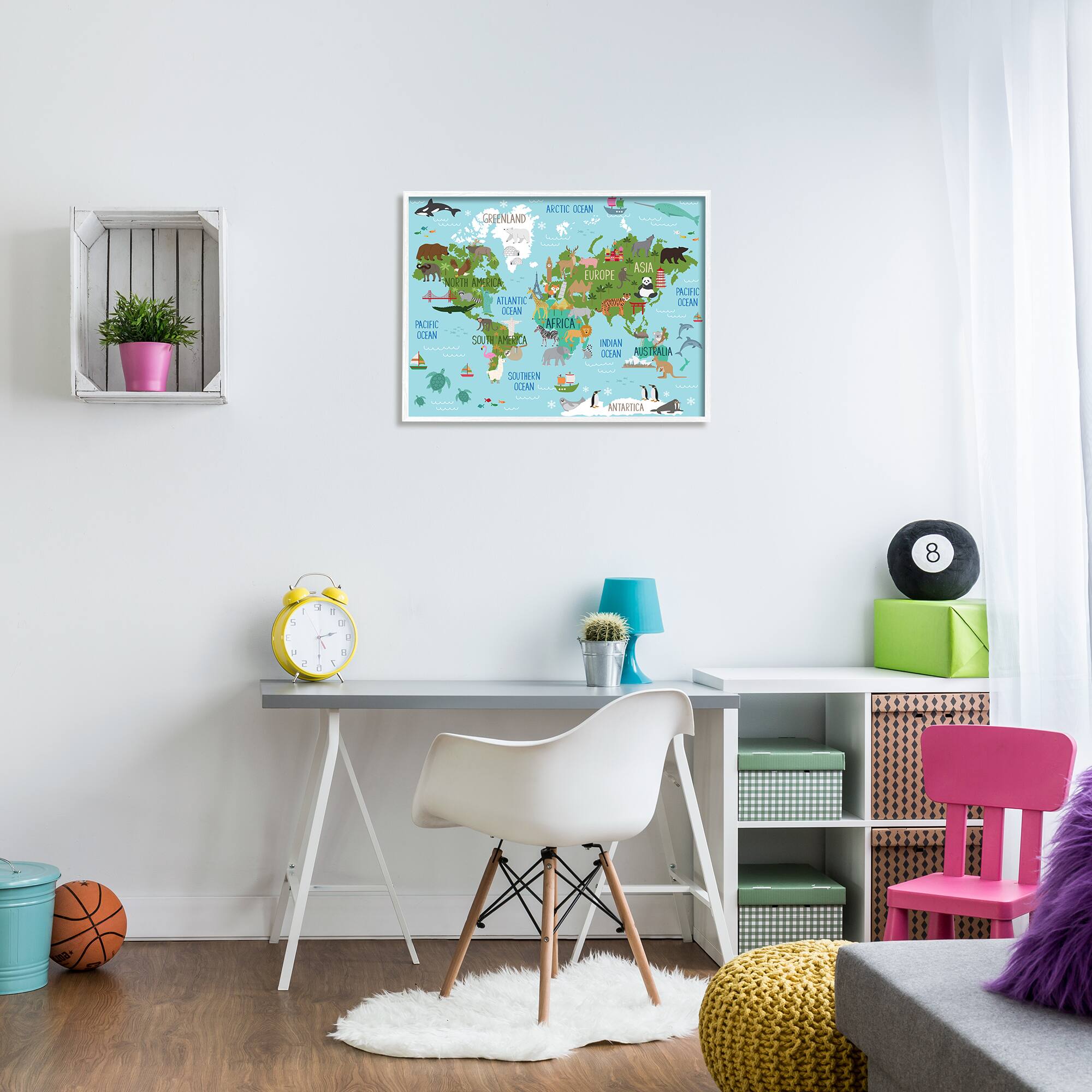 Stupell Industries Kid's Animal World Map Favorite Regional Wildlife in White Frame Wall Art