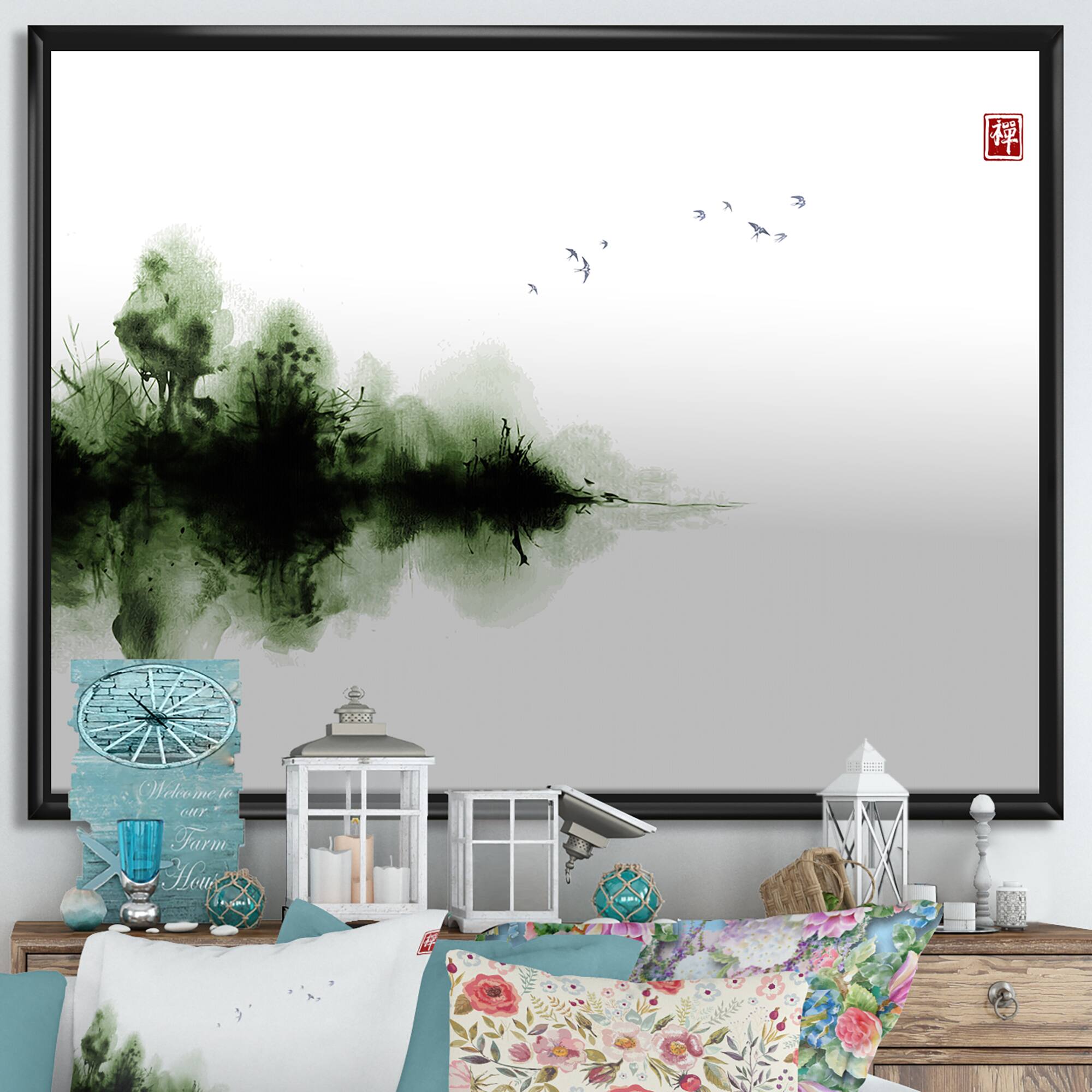 Designart - Japanese Red Moon In Traditional Sumi-e Painting I - Traditional Canvas Wall Art Print in Black Frame