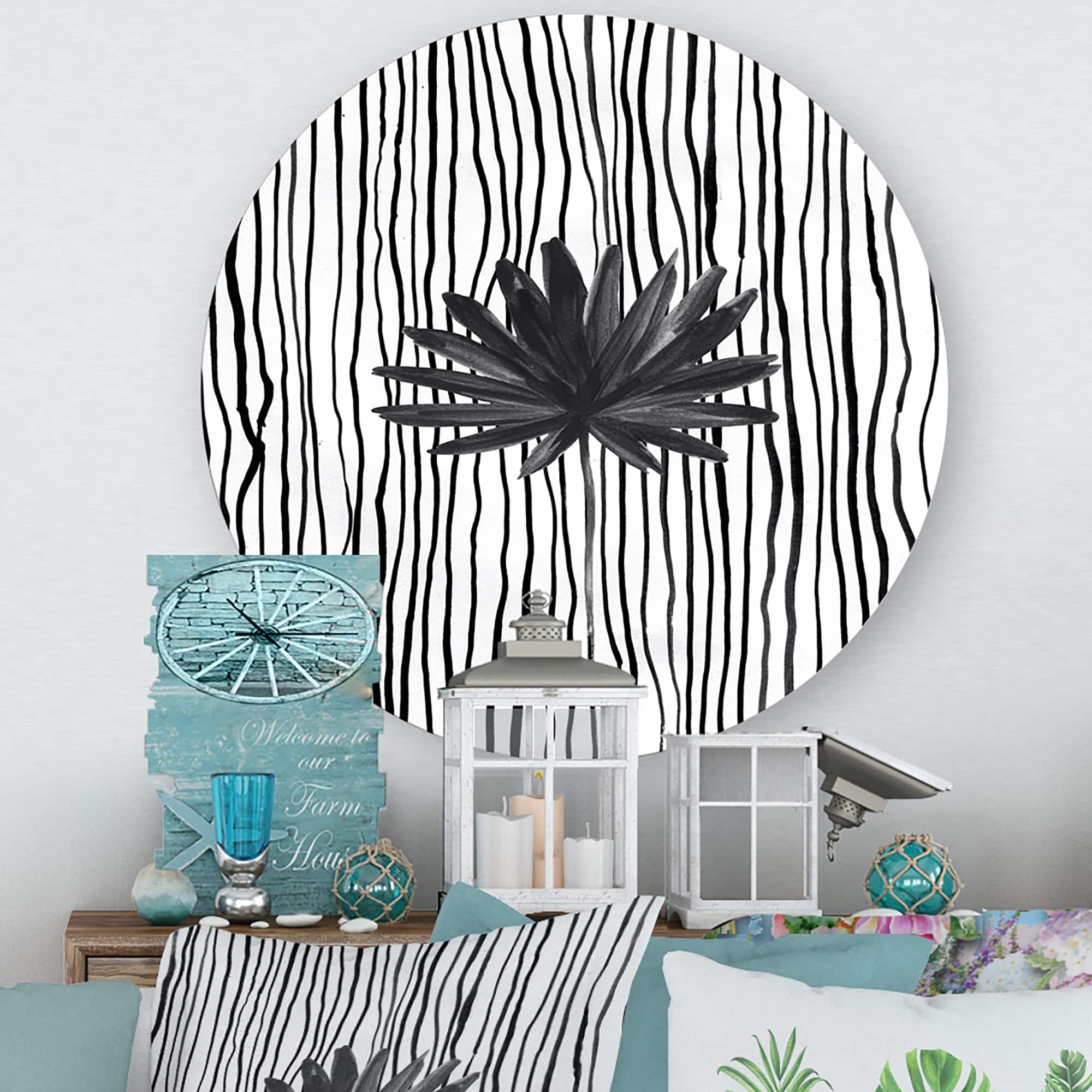 Designart - Black and White Tropical Leaf On Striped III