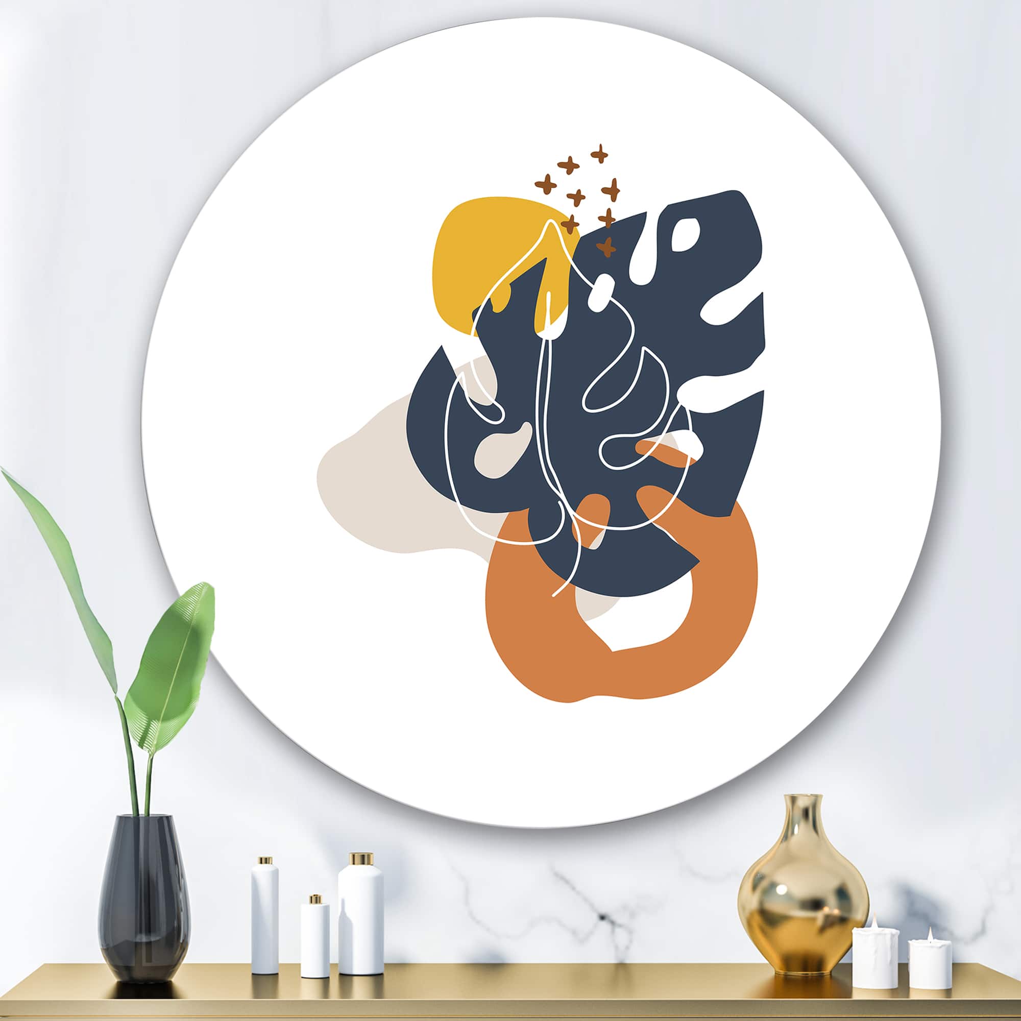 Designart - Abstract Flowers On Minimal Shapes IX - Modern Metal Circle Wall Art