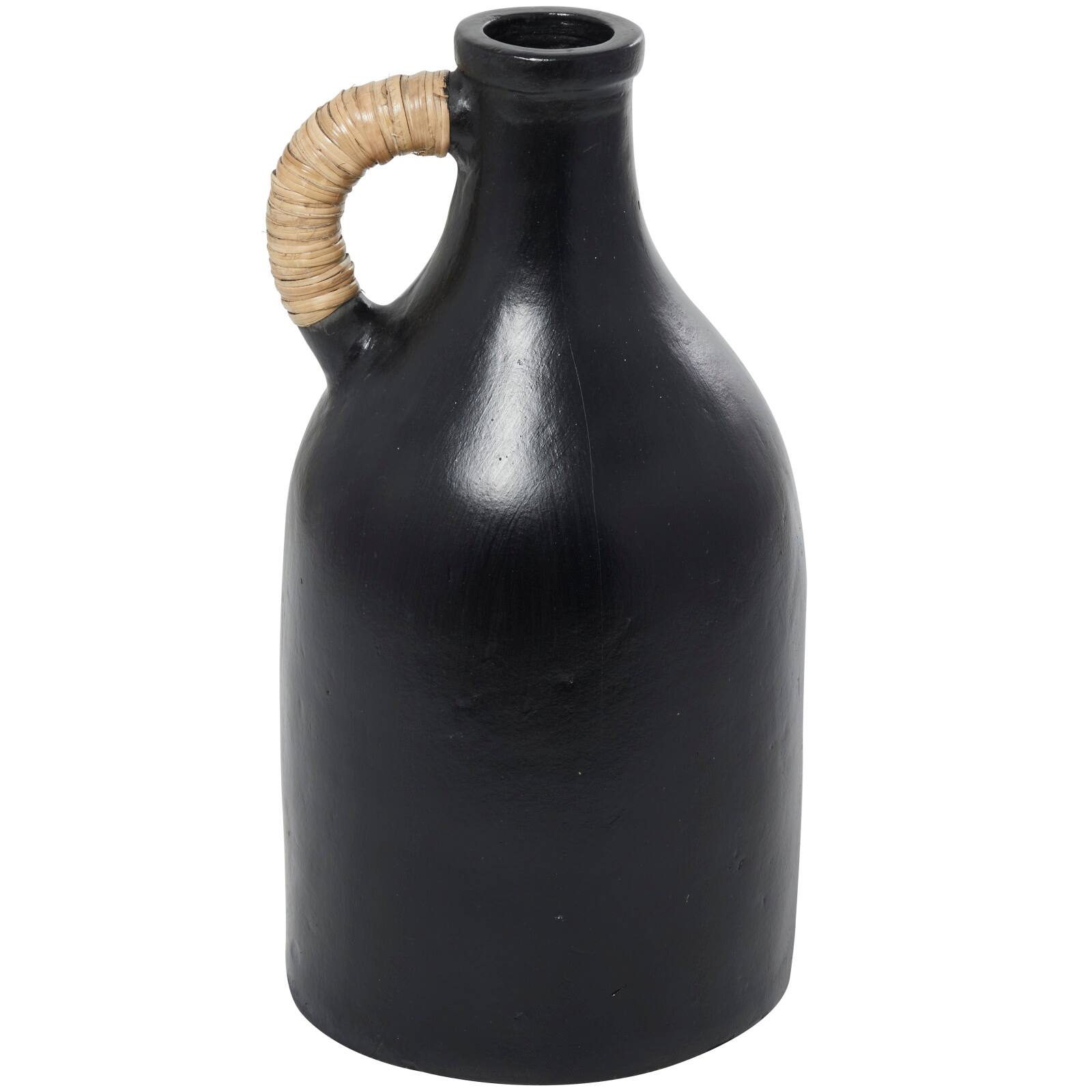 18" Black Ceramic Jug Inspired Vase with Rattan Wrapped Handle