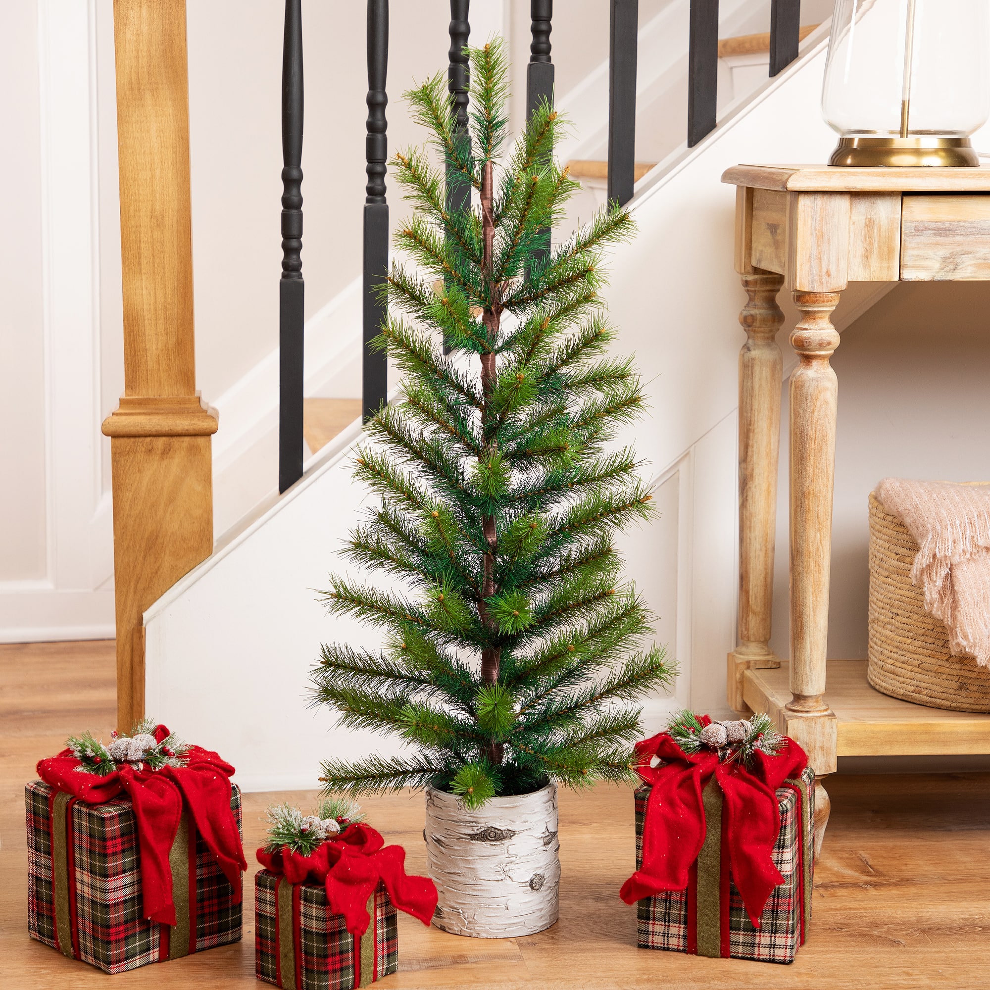 Northlight 3ft. Unlit Slim Pine Artificial Christmas Tree in Birch Wood Pot