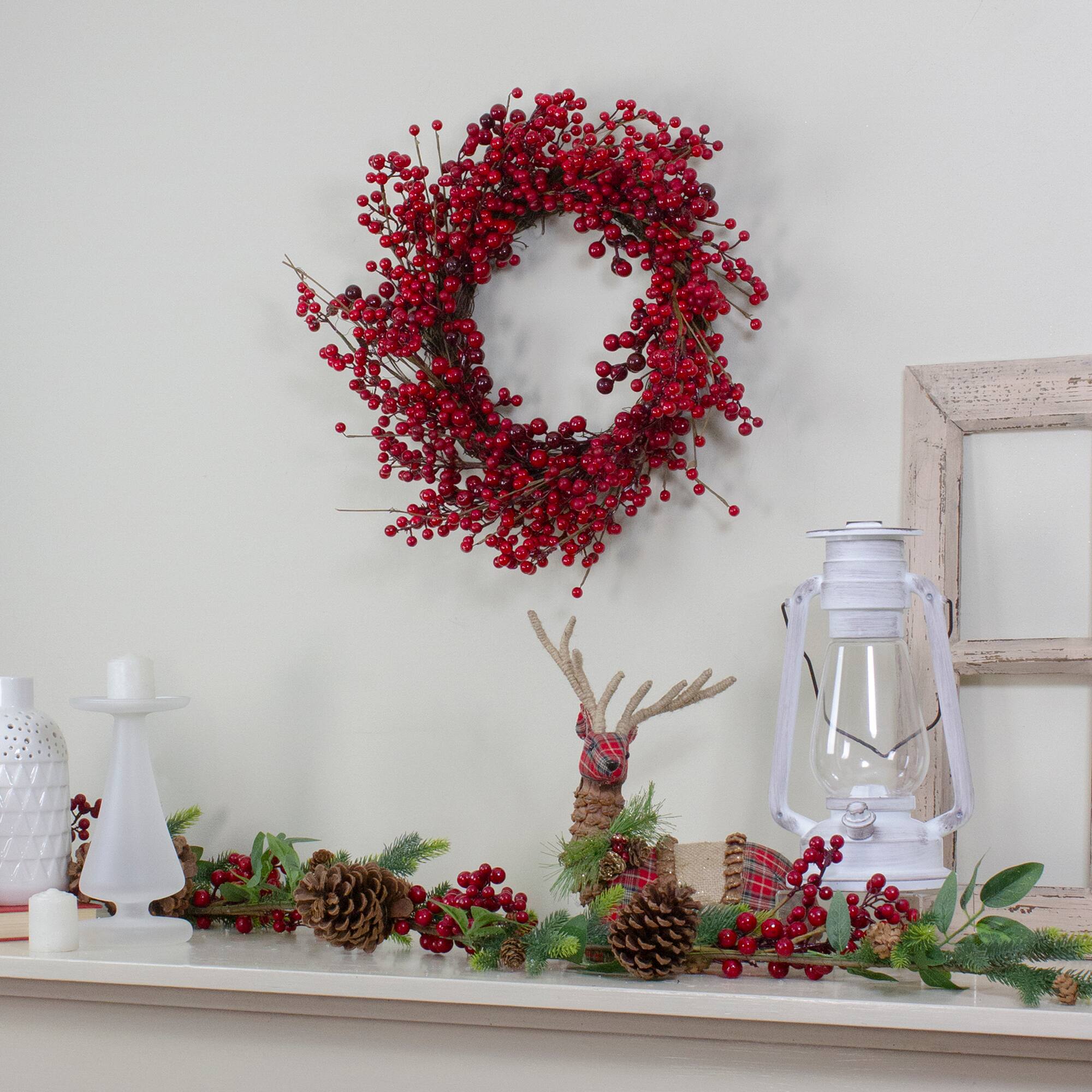 20" Shiny Red Berry Artificial Wreath with Brown Twig Accents, Unlit