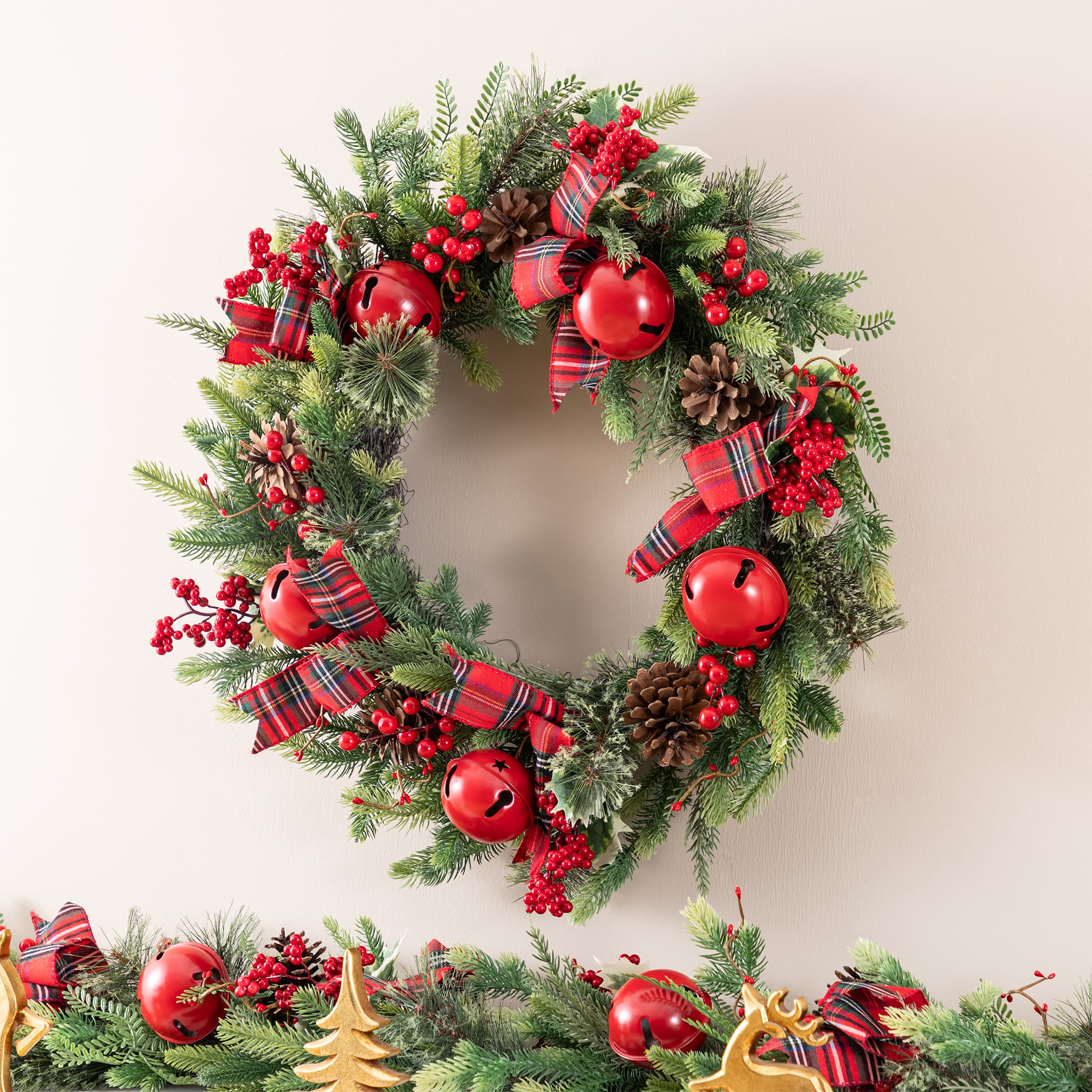 Glitzhome® 26" Christmas Bell Pinecone & Berry Bow Wreath