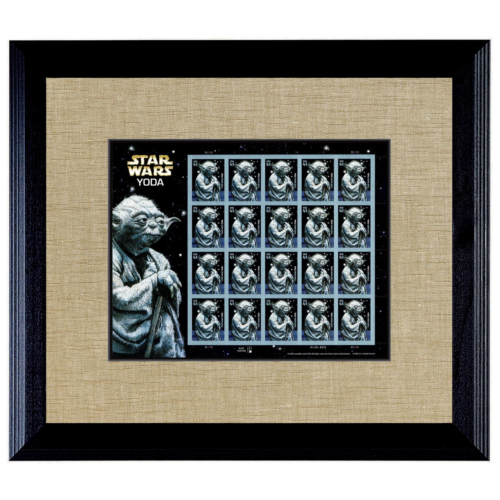 Star Wars Yoda U.S. Stamp Sheet in 16"  x 14" Wood Frame