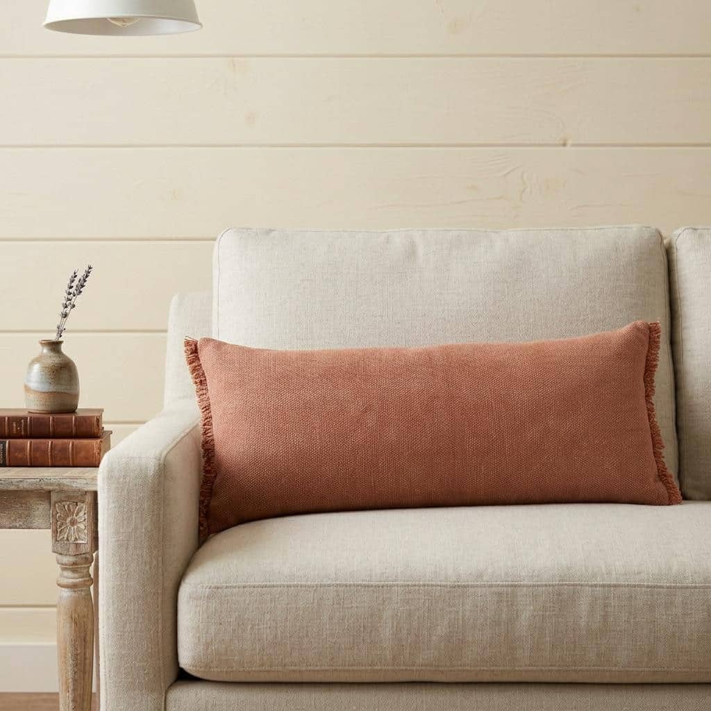 HomeRoots 14" x 36" Terra Cotta Stonewashed Cotton Fringe Throw Pillow