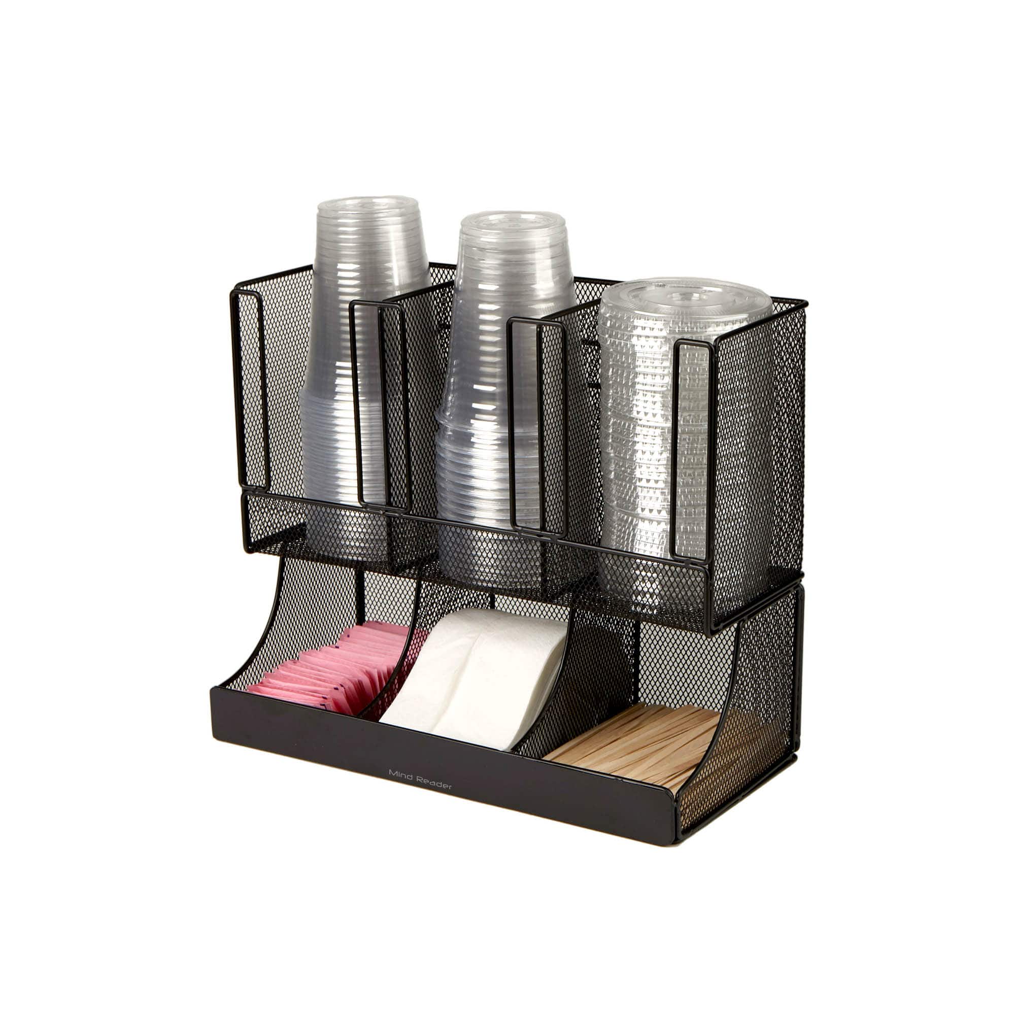 Mind Reader Black Metal Mesh 6 Compartment Upright Breakroom Coffee Condiment and Cup Storage Organizer
