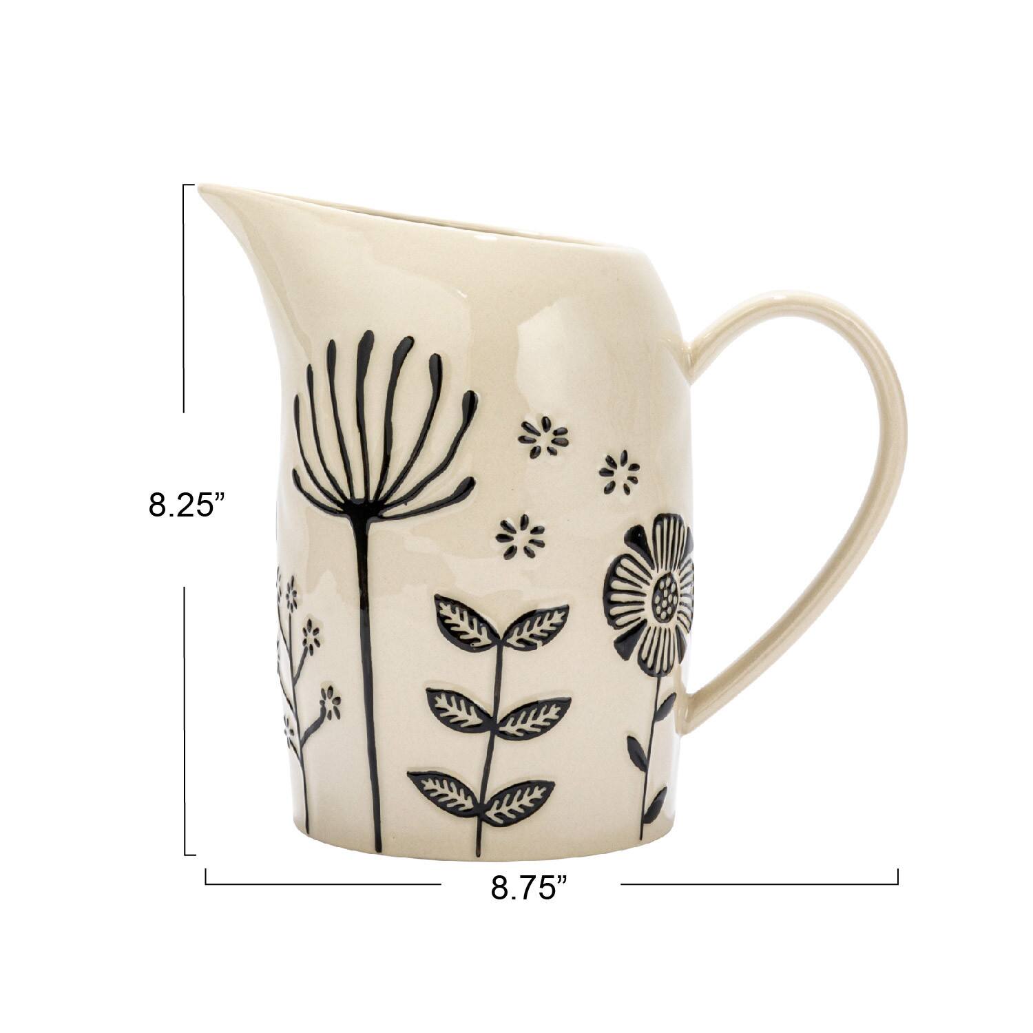 Hello Honey® 62oz. Cream & Black Hand-Painted Embossed Flowers Stoneware Pitcher