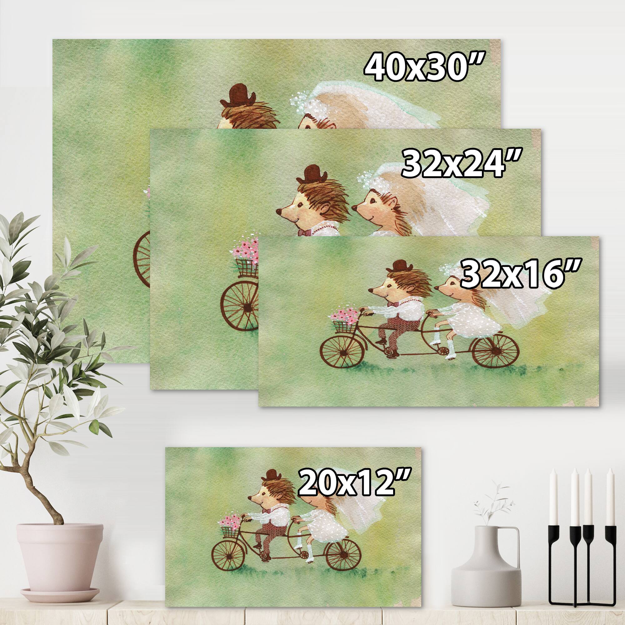 Designart - Couple of Hedgehogs Riding A Bike - Traditional Canvas Wall Art Print