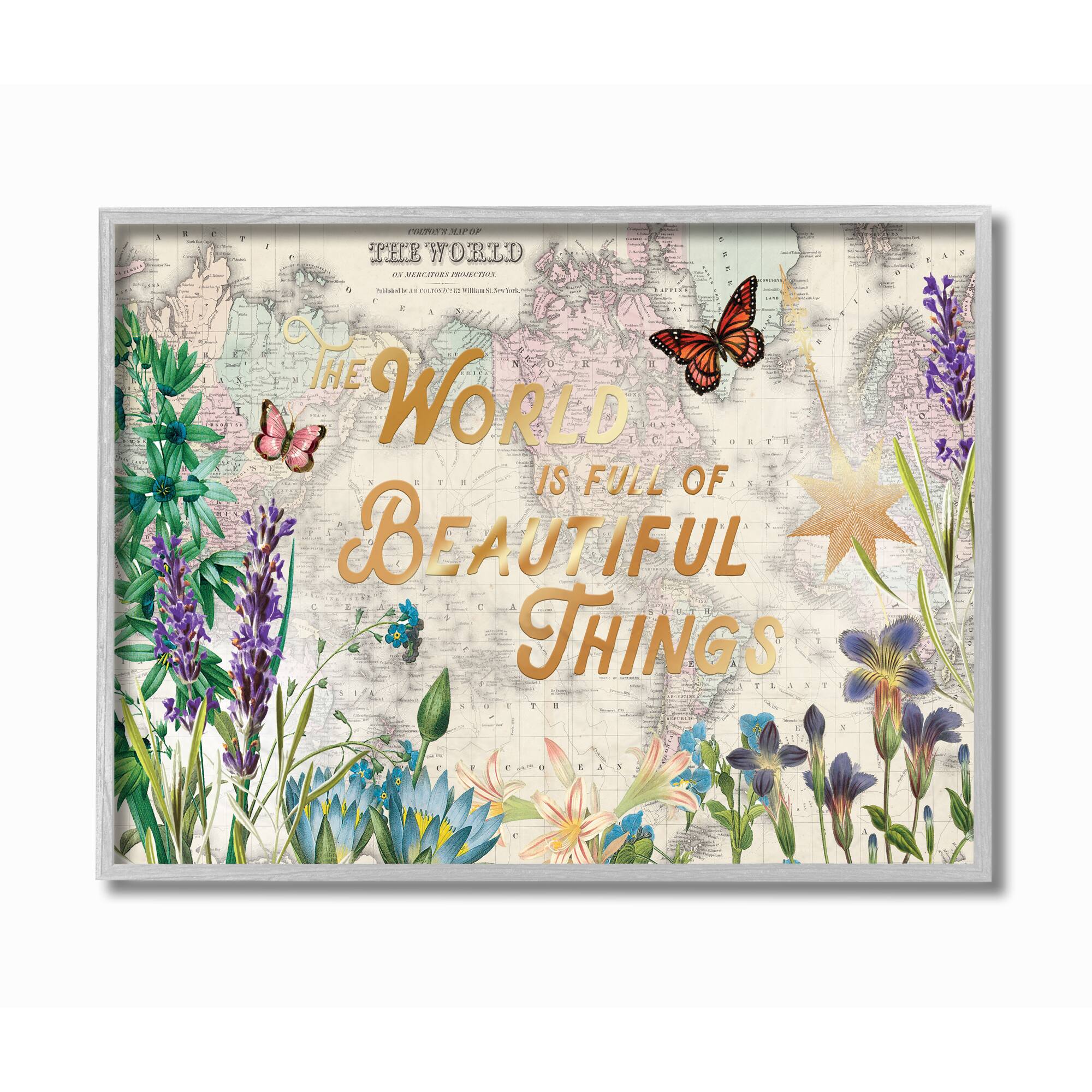 Stupell Industries Beautiful Things Floral Map Gray Framed Wall Art