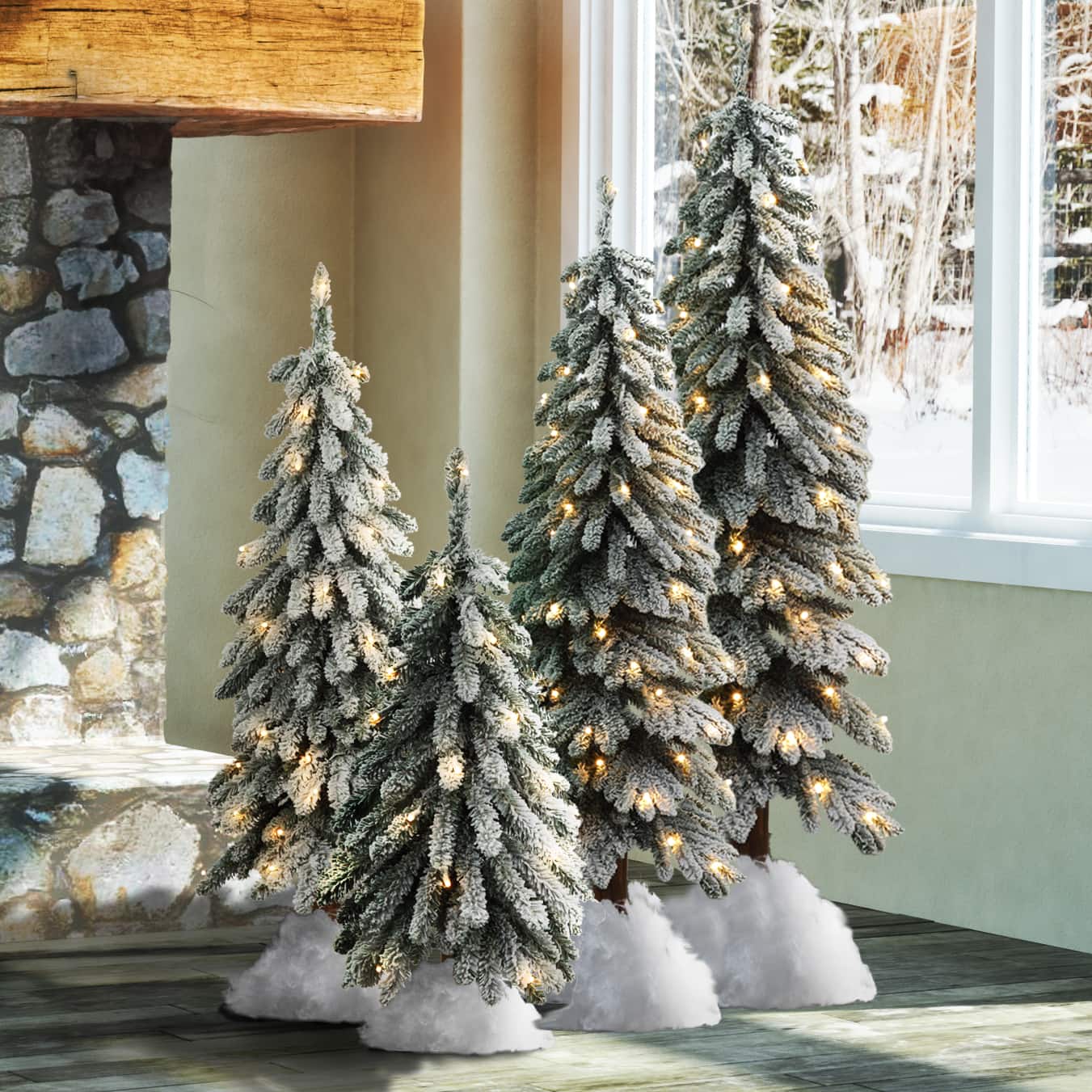 5ft. Pre-Lit Lightly Flocked Alpine Artificial Christmas Tree with Natural Wood Pole, Soft White LED Lights