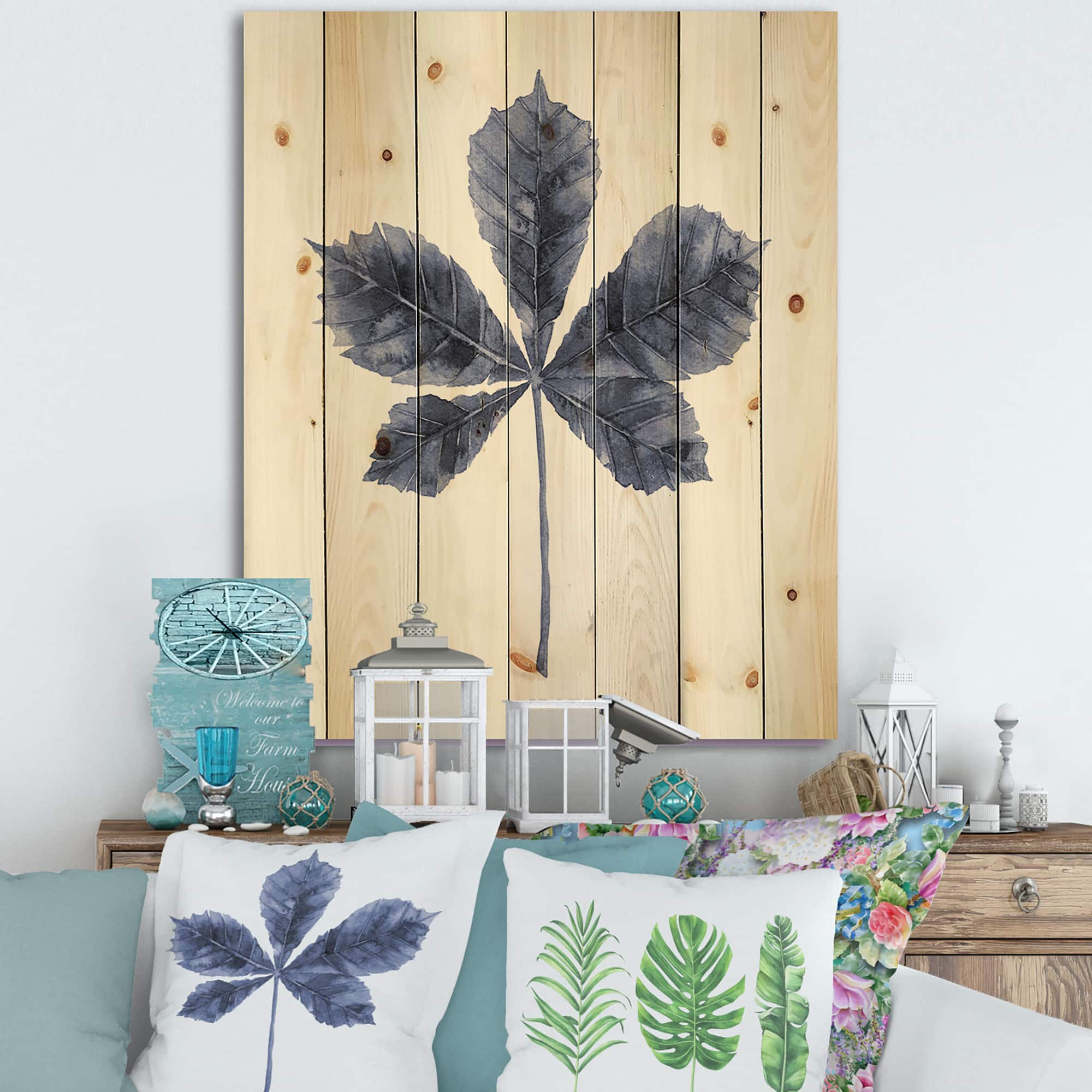 Designart - Navy Blue Chestnut Leaf - Traditional Print on Natural Pine Wood