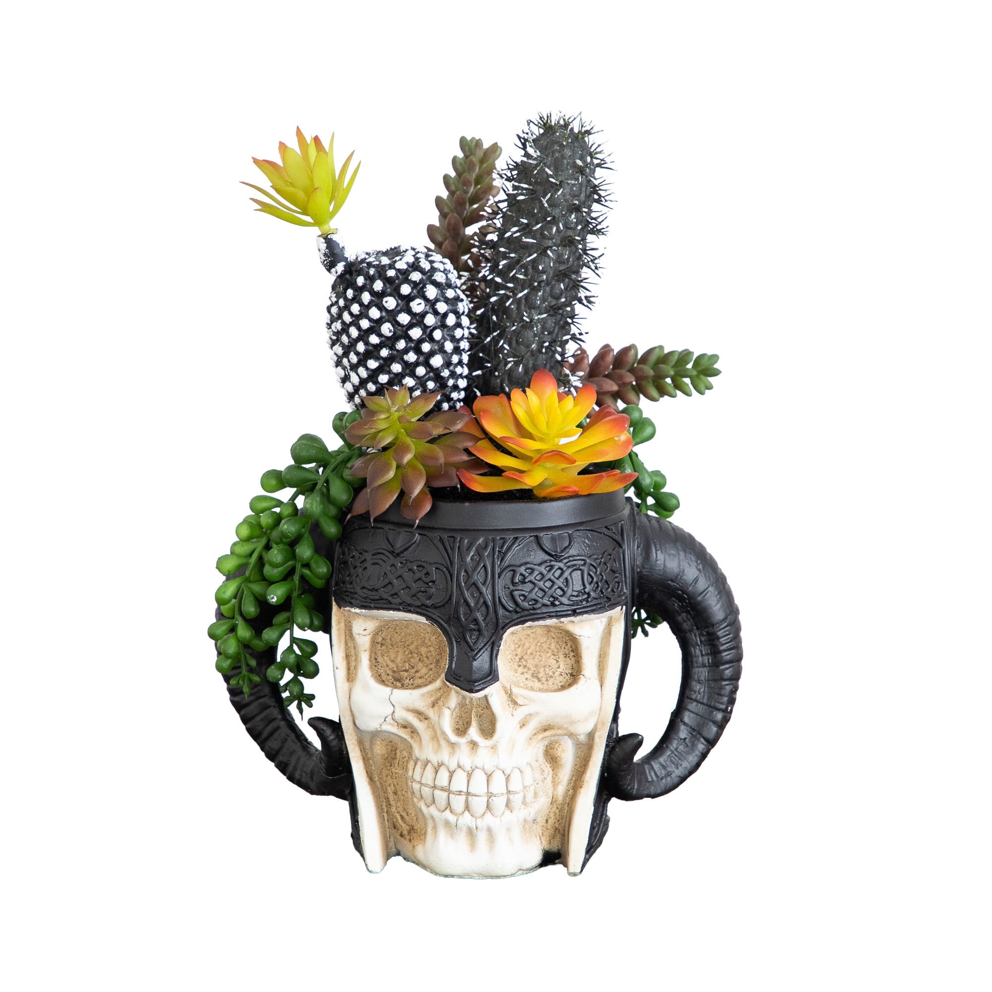 9" Artificial Halloween Mixed Succulent Garden in Warrior Skull Planter