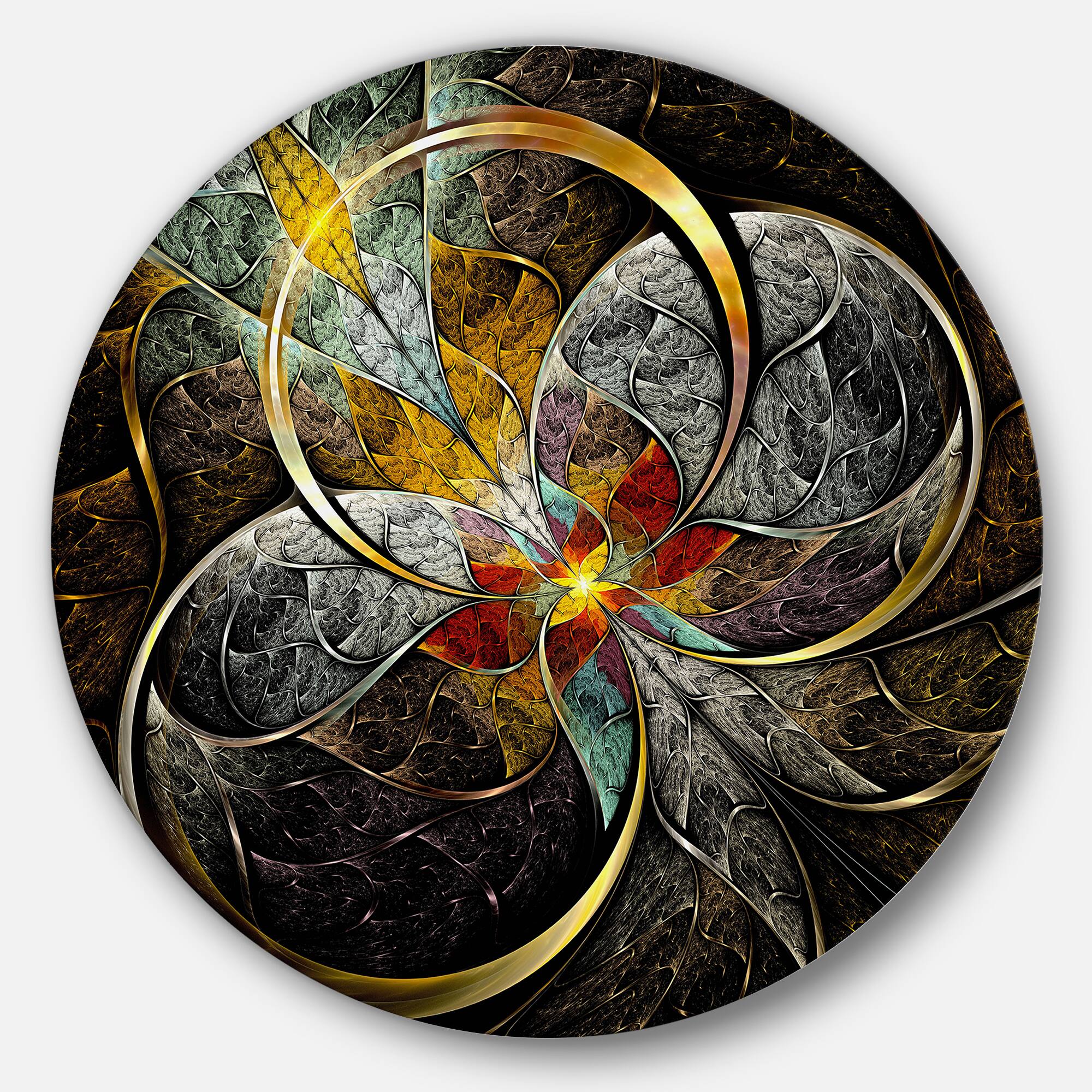 Designart - Symmetrical Brown Fractal Flowers' Disc Large Contemporary Circle Metal Wall Arts