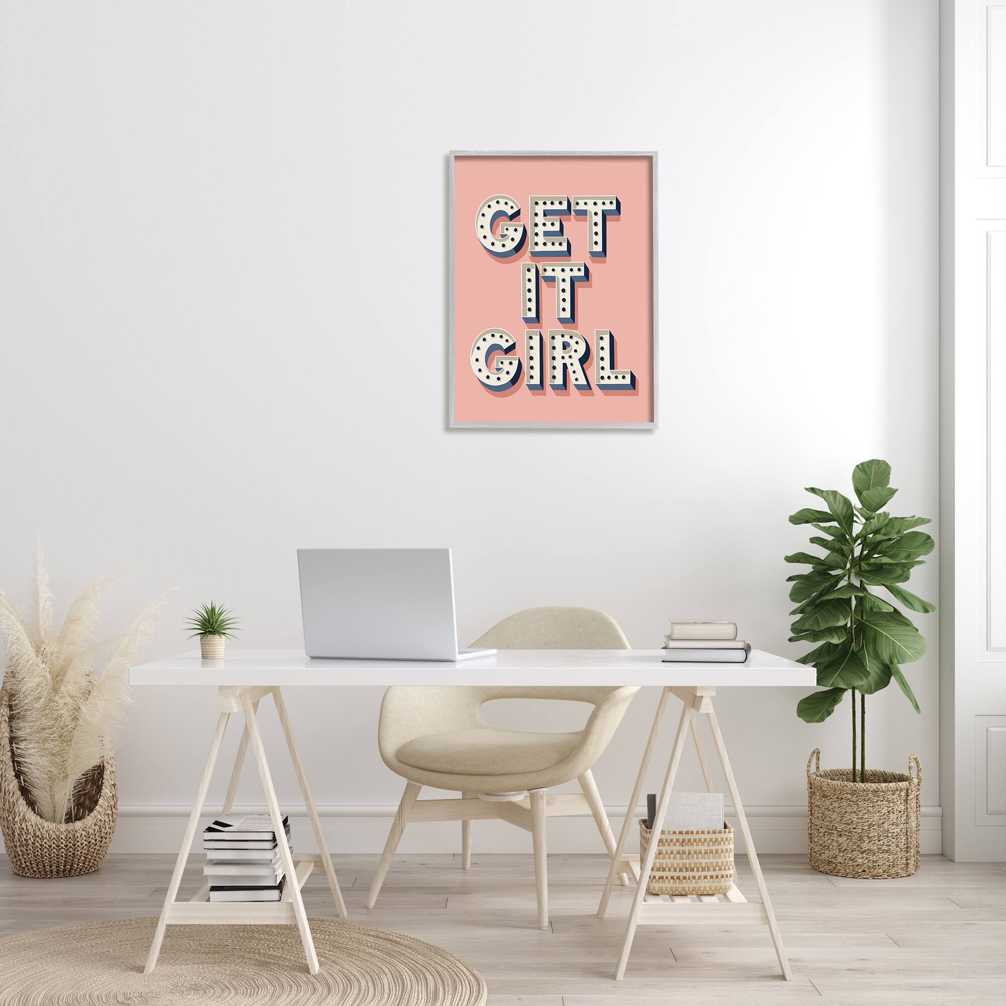 Stupell Industries Pink Get It Girl Polka Dot Wall Art in Gray Frame