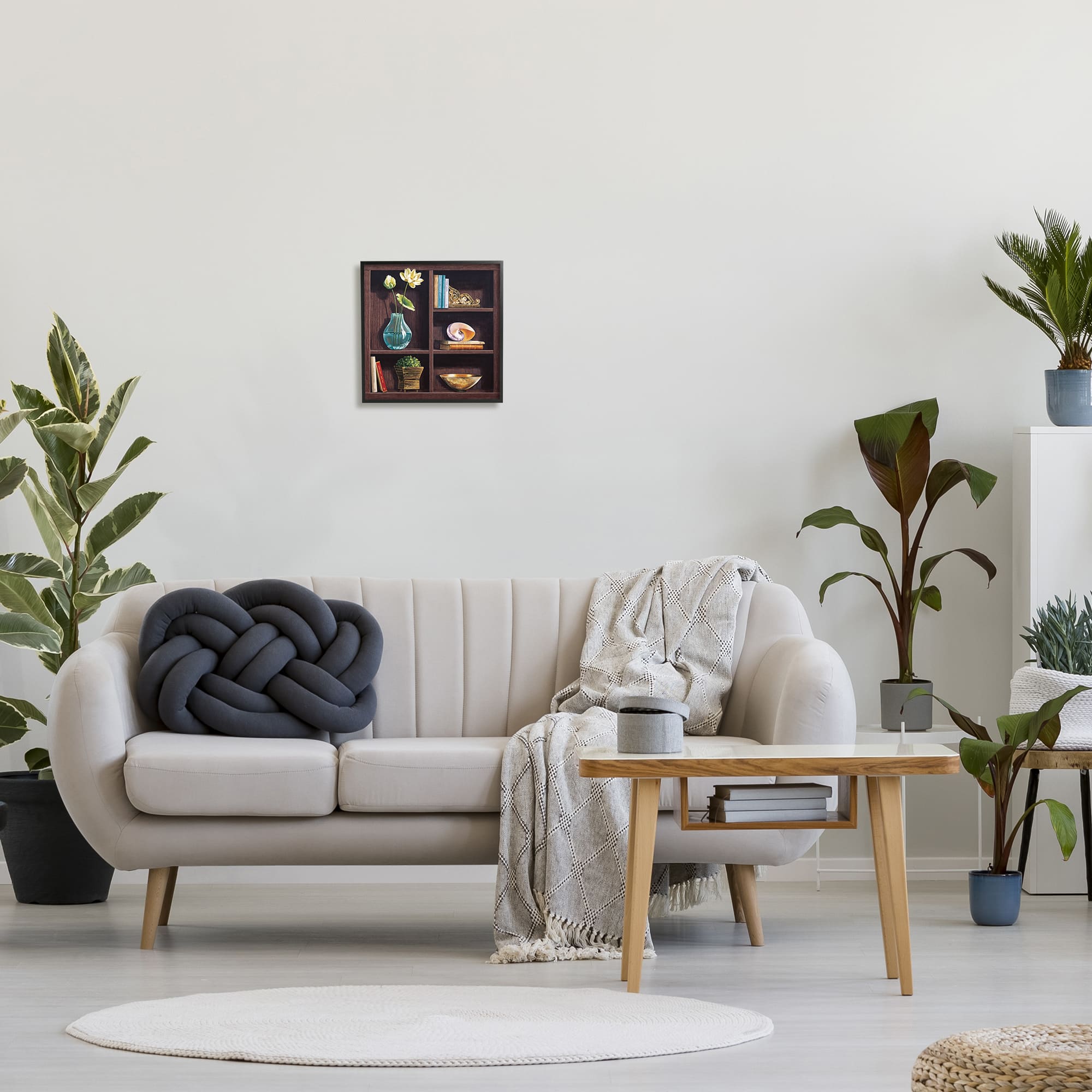 Stupell Industries Elegant Bookshelf Still-Life with Lotus Floral Vase in Frame Wall Art