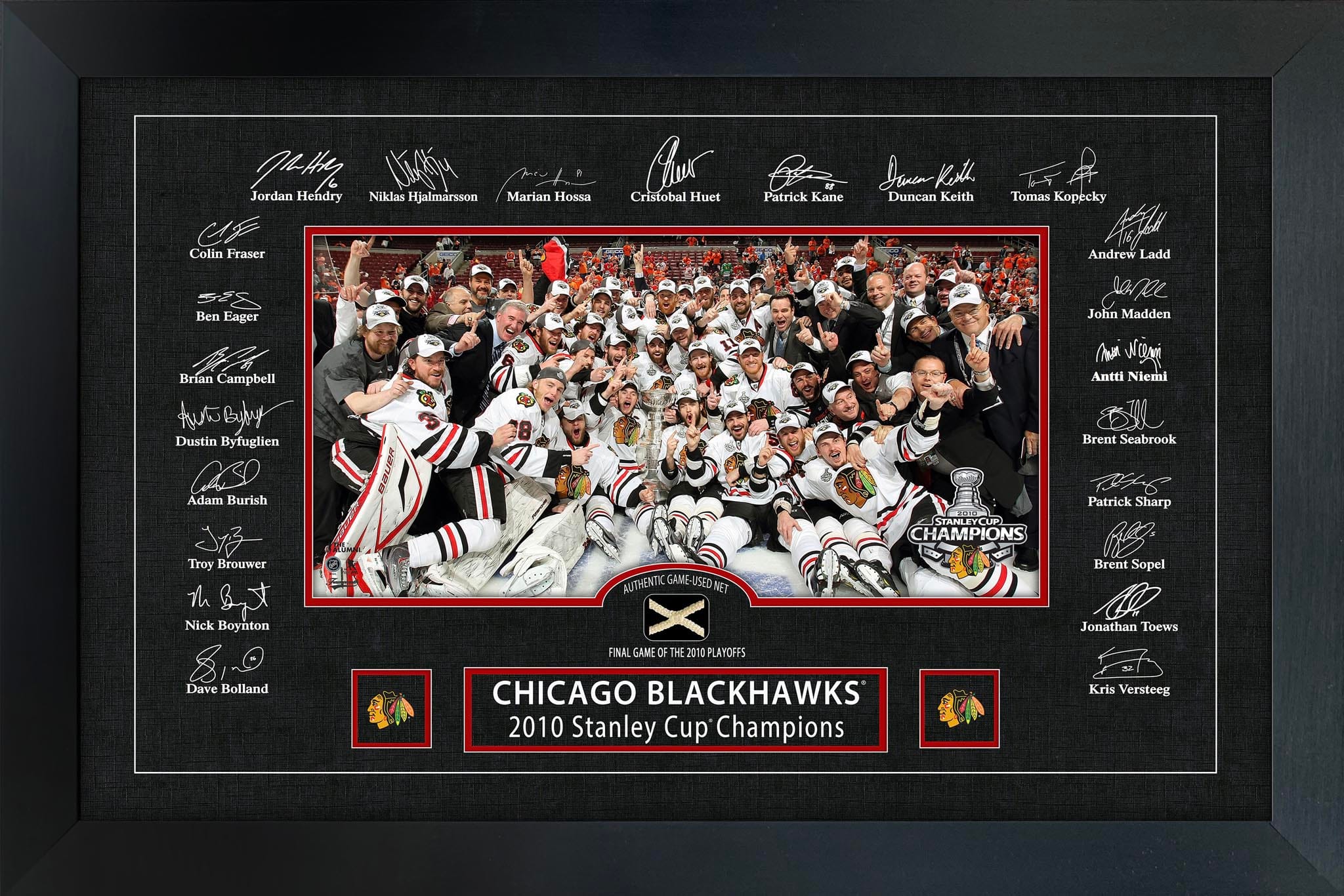 Chicago Blackhawks 2010 Stanley Cup Replica Signature Frame with Game-Used Net 35.5" x 23.5"