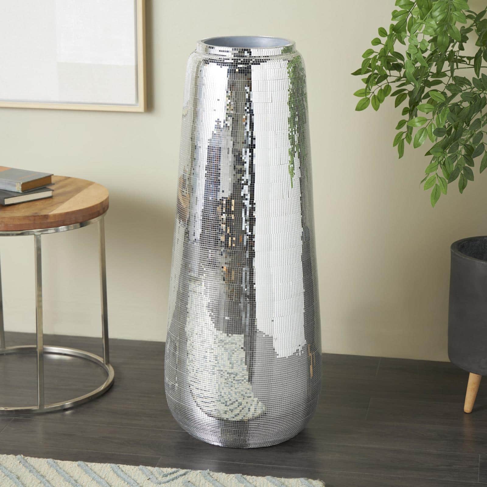 40" Silver Fiberglass Mosaic Floor Vase with Blue Interior,