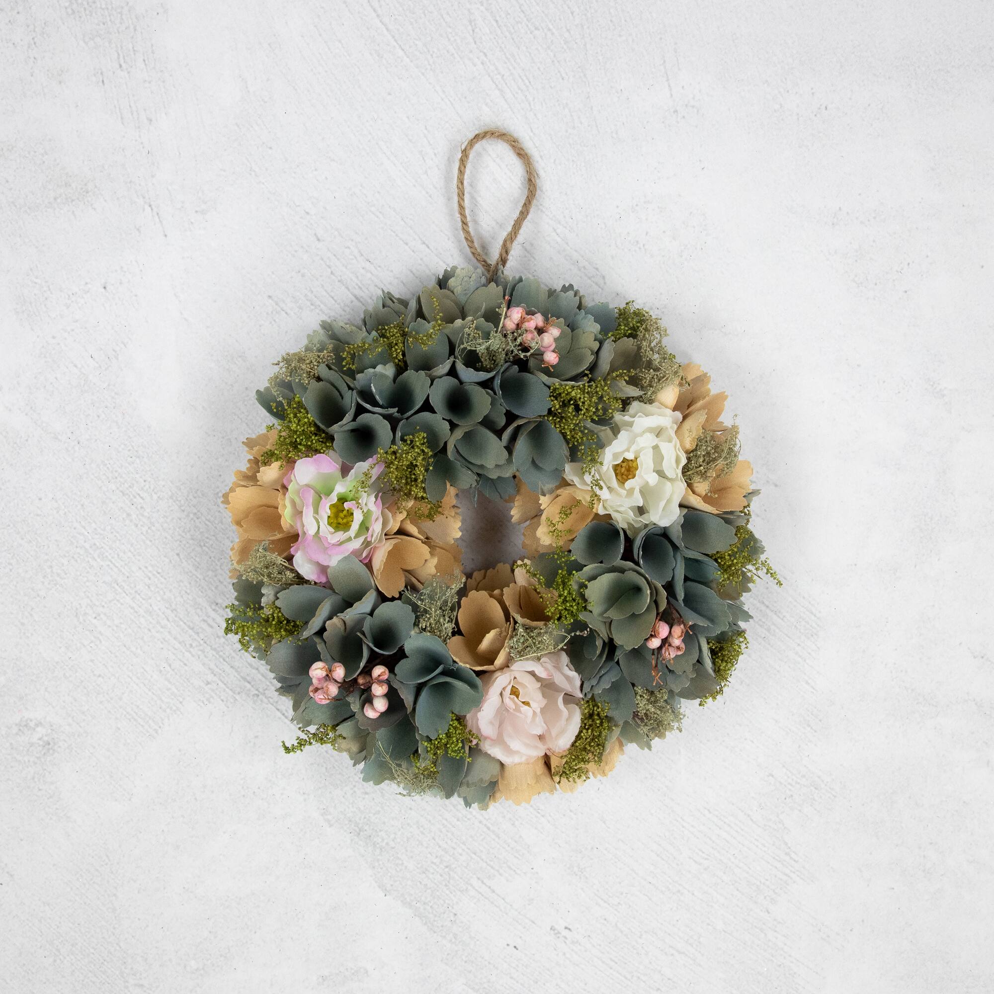 10" Tan & Blue Wooden Floral Wreath