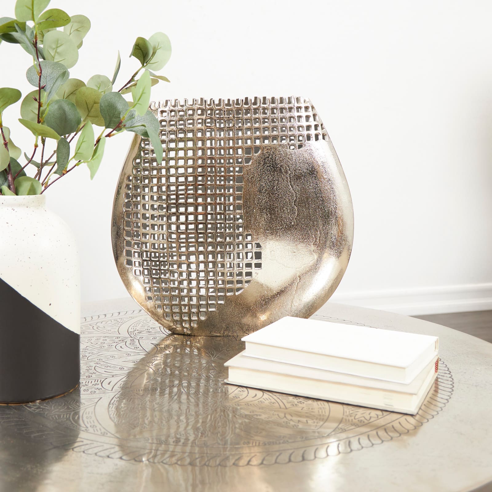 15" Dark Gray Aluminum Grid Inspired Abstract Vase with Open Frame Design