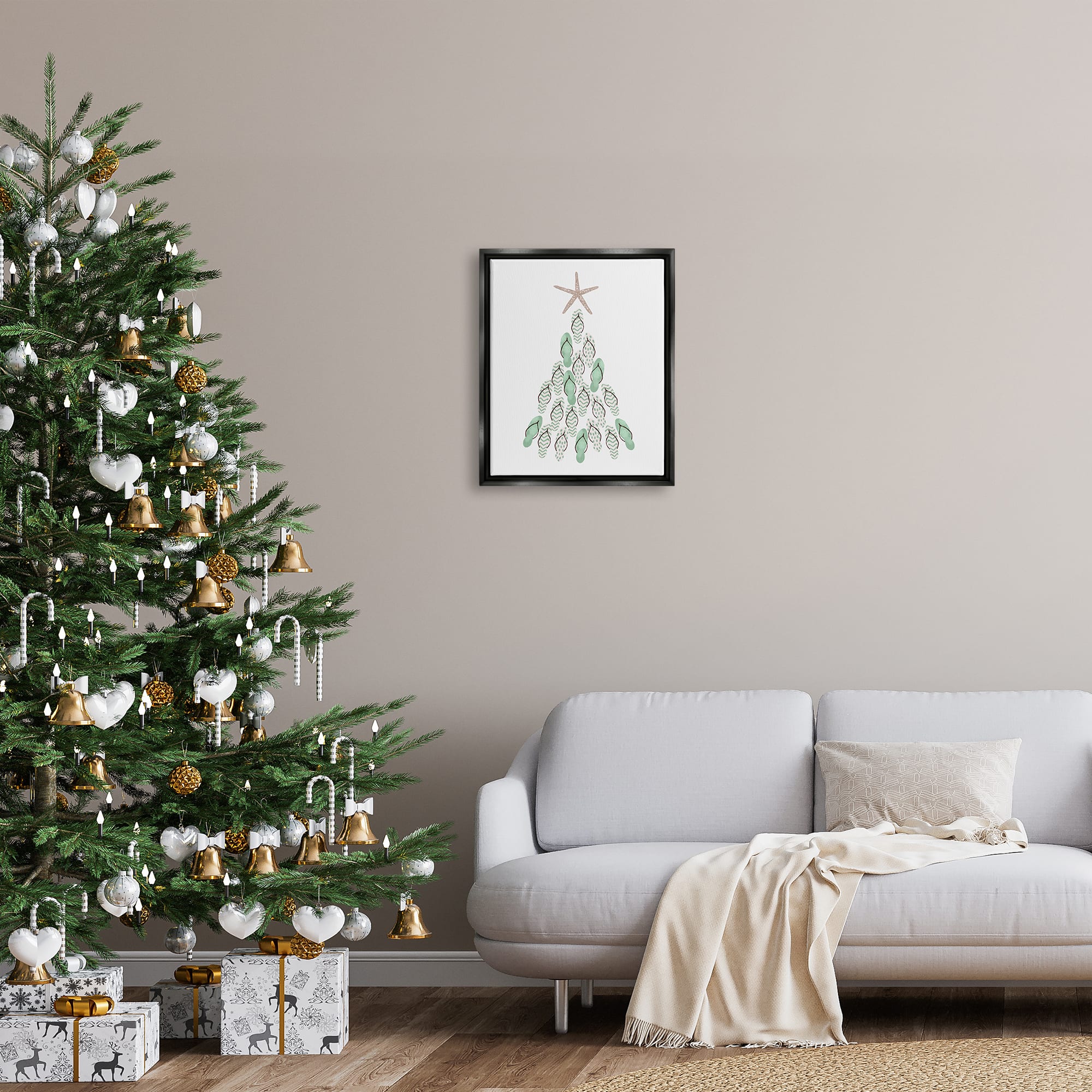 Stupell Industries Flip Flop Beachy Christmas Tree Black Framed Floater Canvas Wall Art