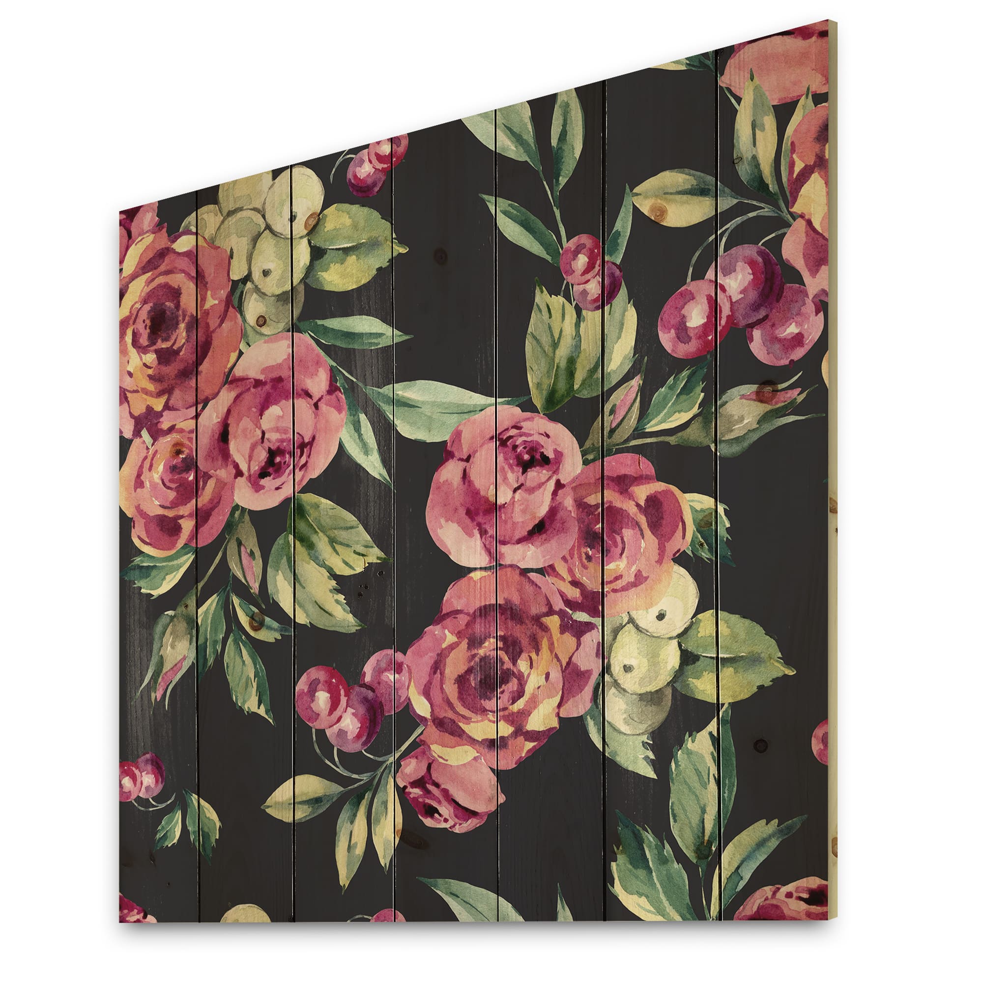 Designart - Red VIntage Roses and Berries On Black - Farmhouse Print on Natural Pine Wood