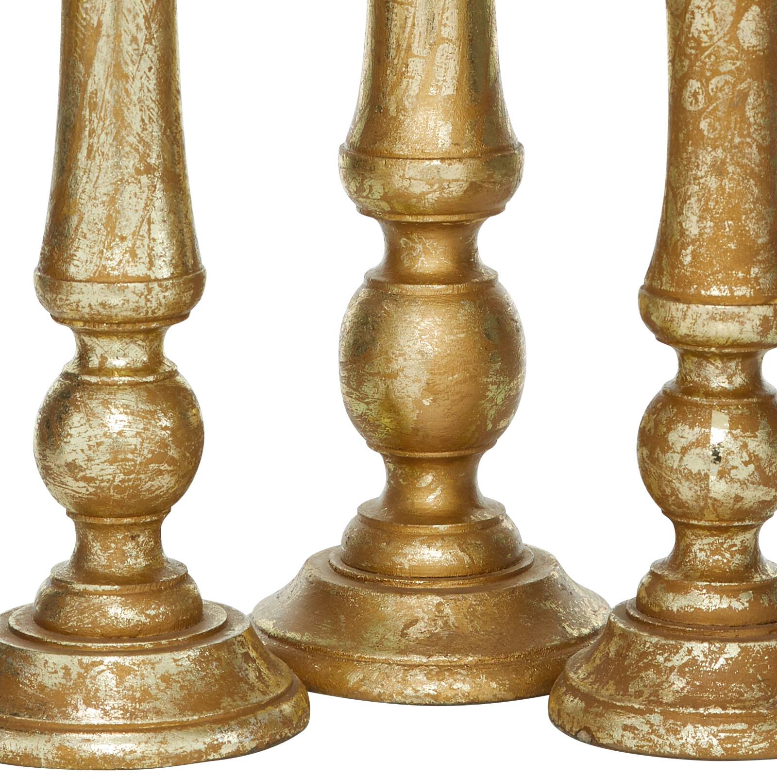Gold Mango Wood Traditional Candle Holder Set