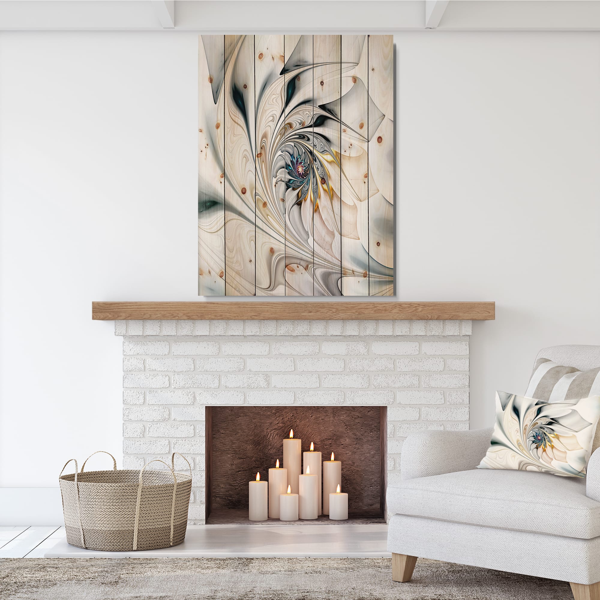 Designart - White Stained Glass Floral Art - Floral Print on Natural Pine Wood