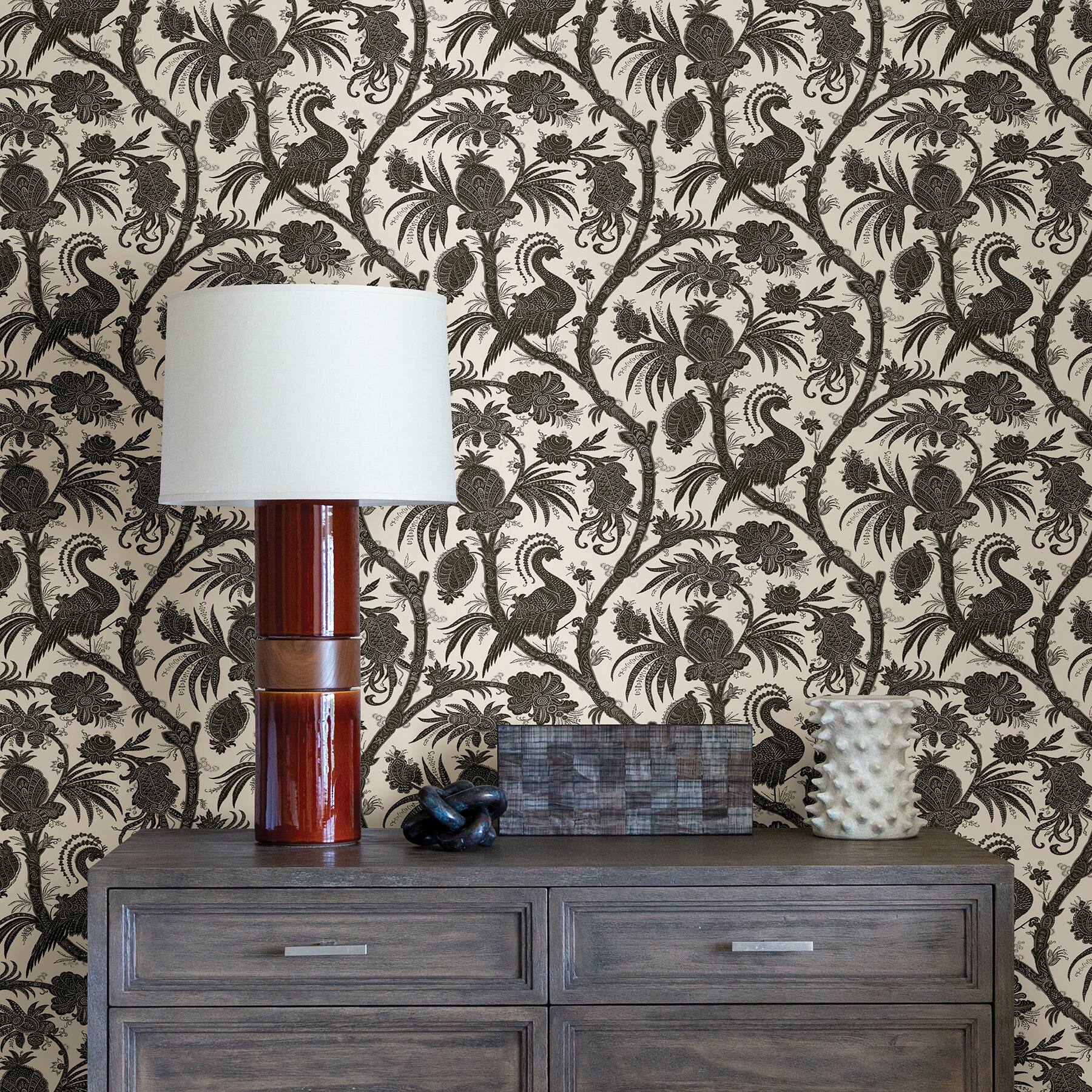 Scalamandre Charcoal Balinese Peacock Peel & Stick Wallpaper
