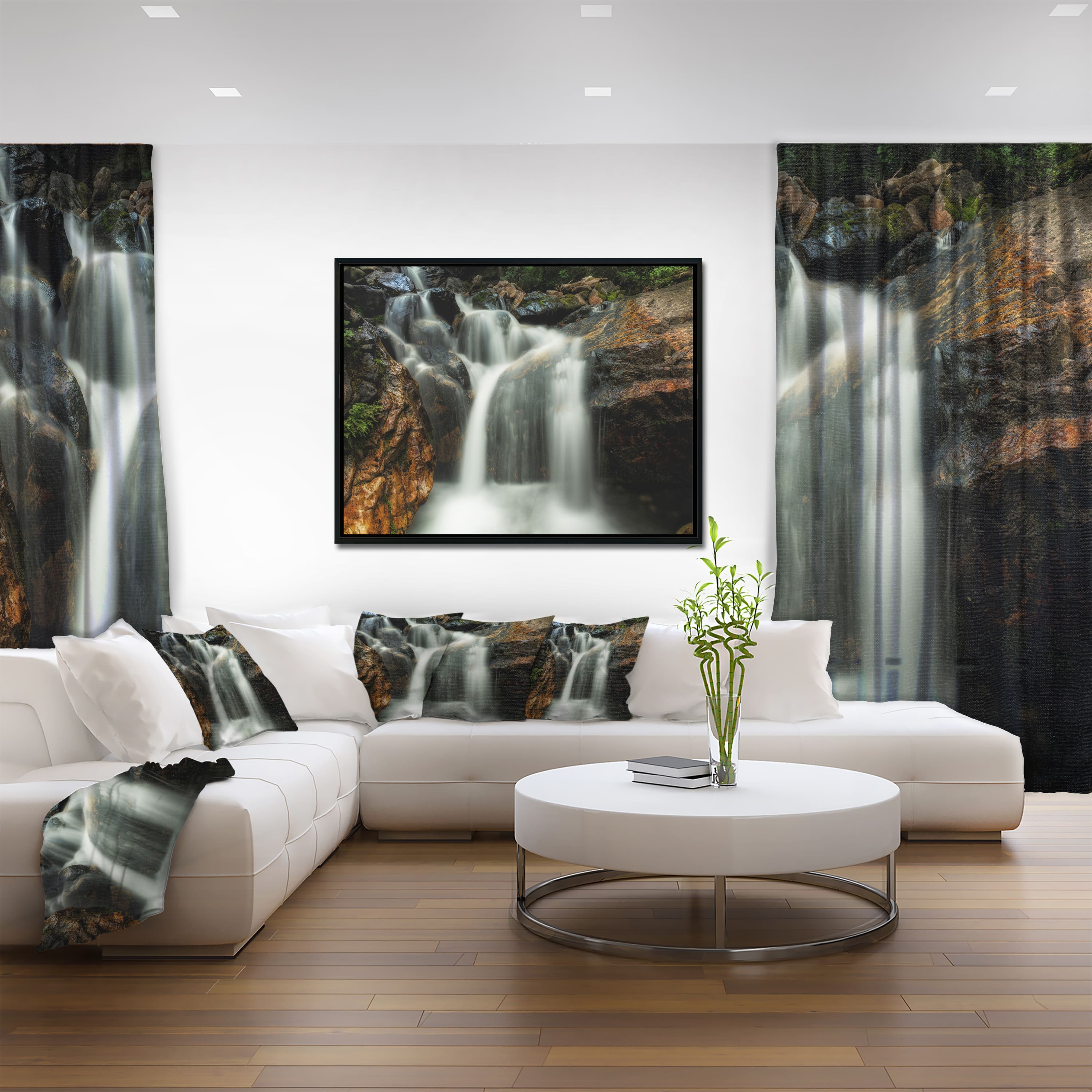 Designart - Slow Motion Waterfall on Rocks - Landscape Framed Canvas Art Print