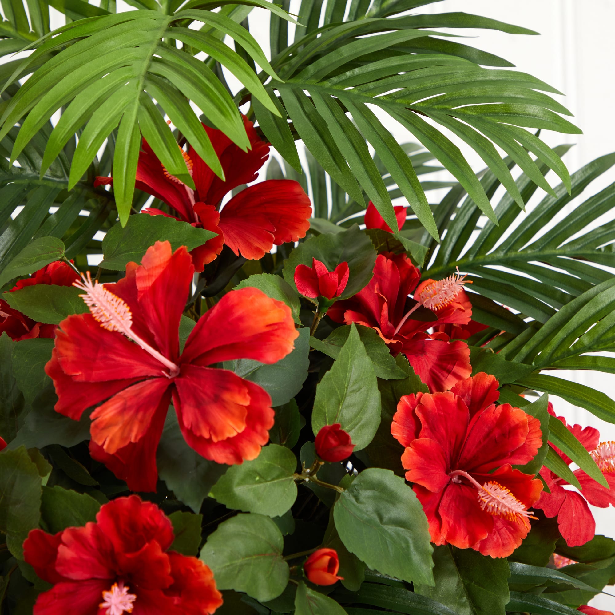 2.2ft. Red Hibiscus & Areca Palm Artificial Plant in White Bowl