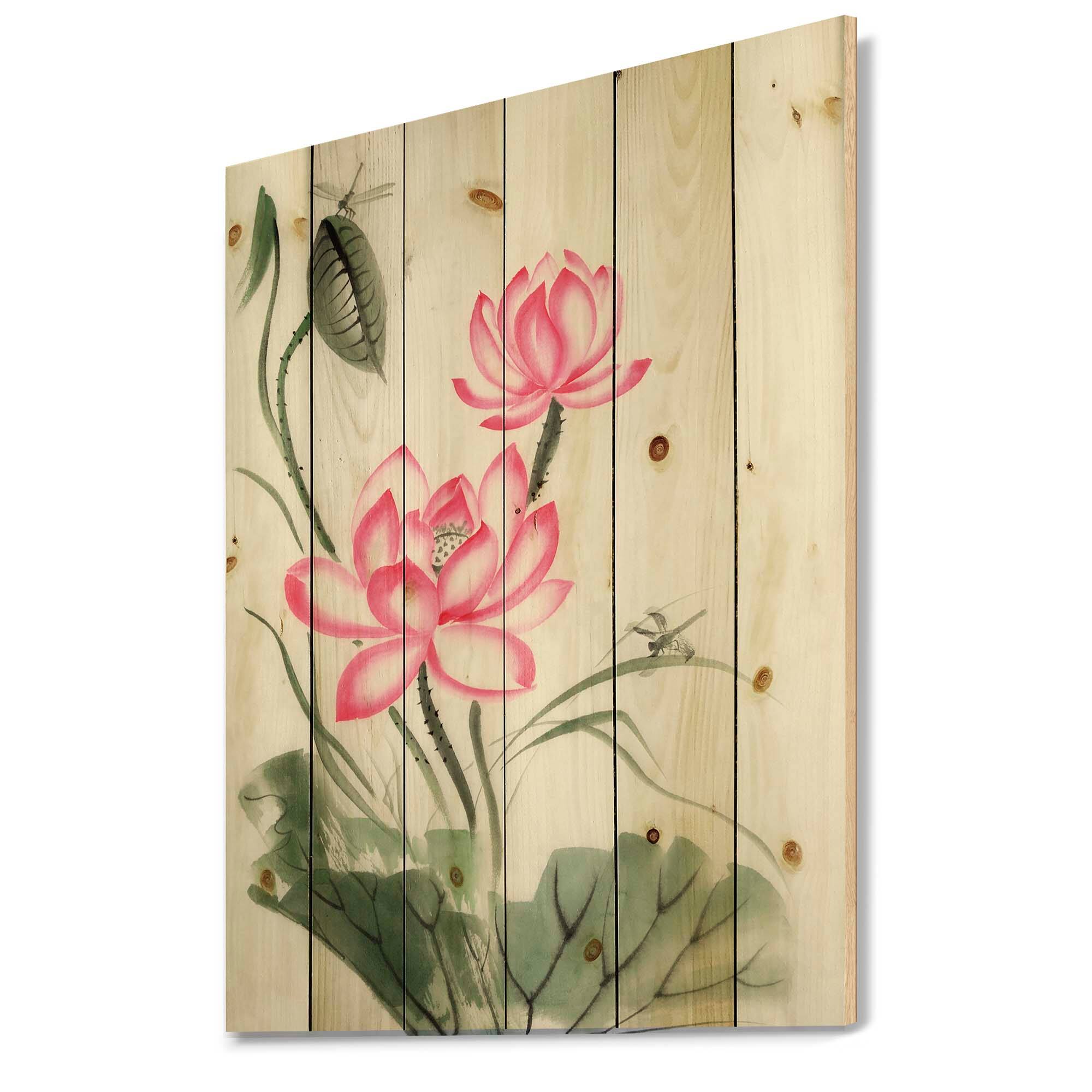 Designart - Lotus and The Dragonfly I - Traditional Print on Natural Pine Wood