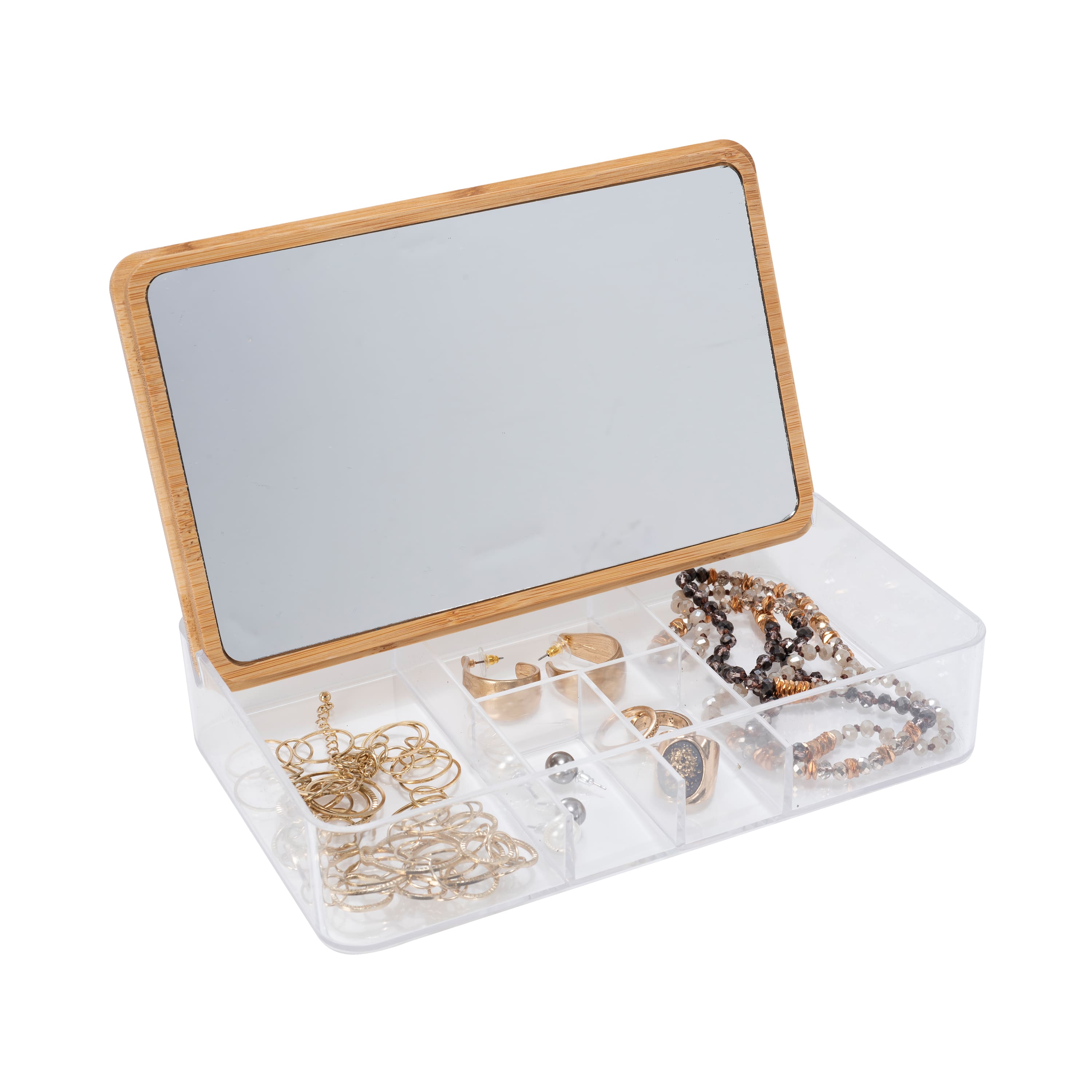 Simplify Bamboo Lid & Mirror Clear 5 Compartment Organizer