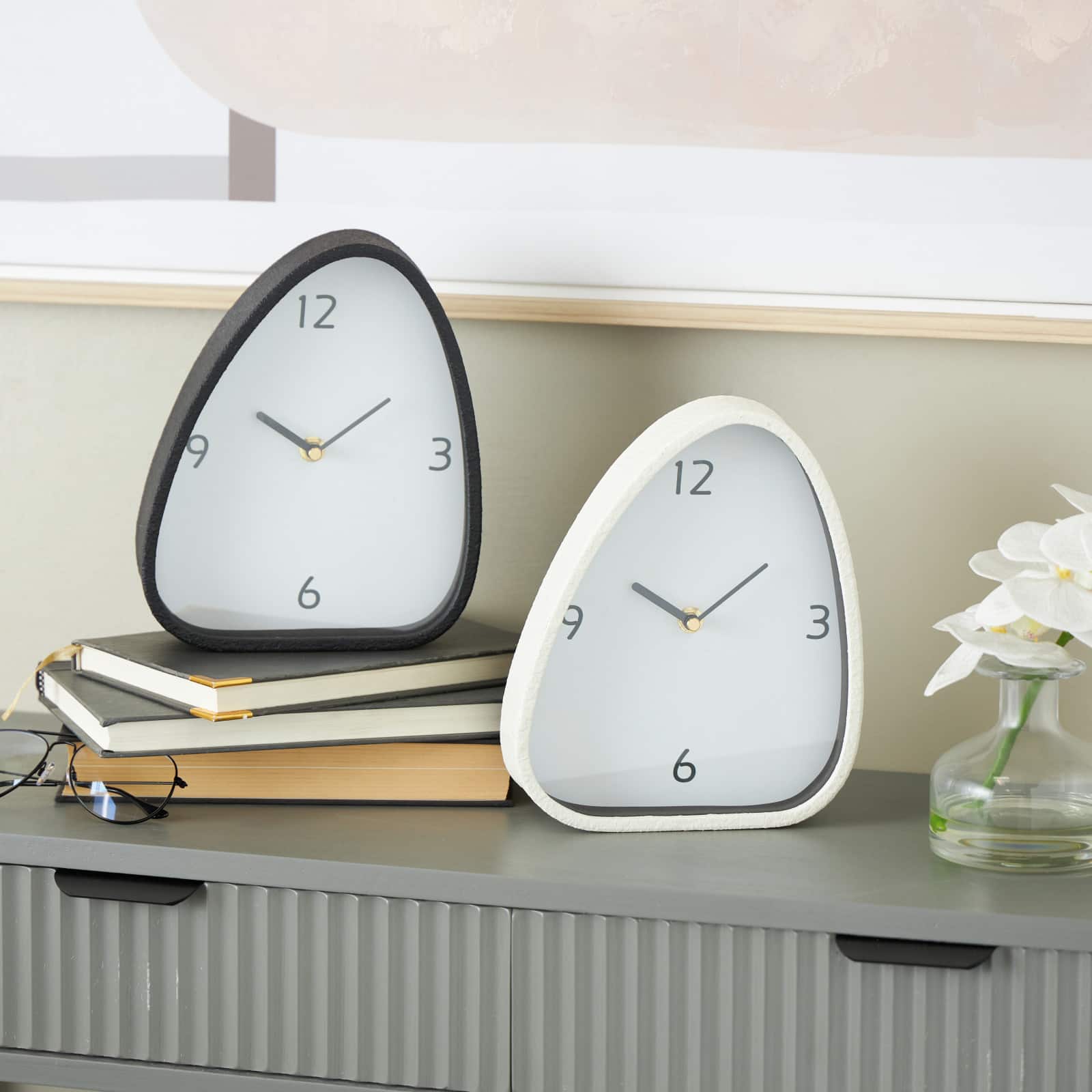 8.75" Black & White Textured Metal Decorative Mantel Clock Set