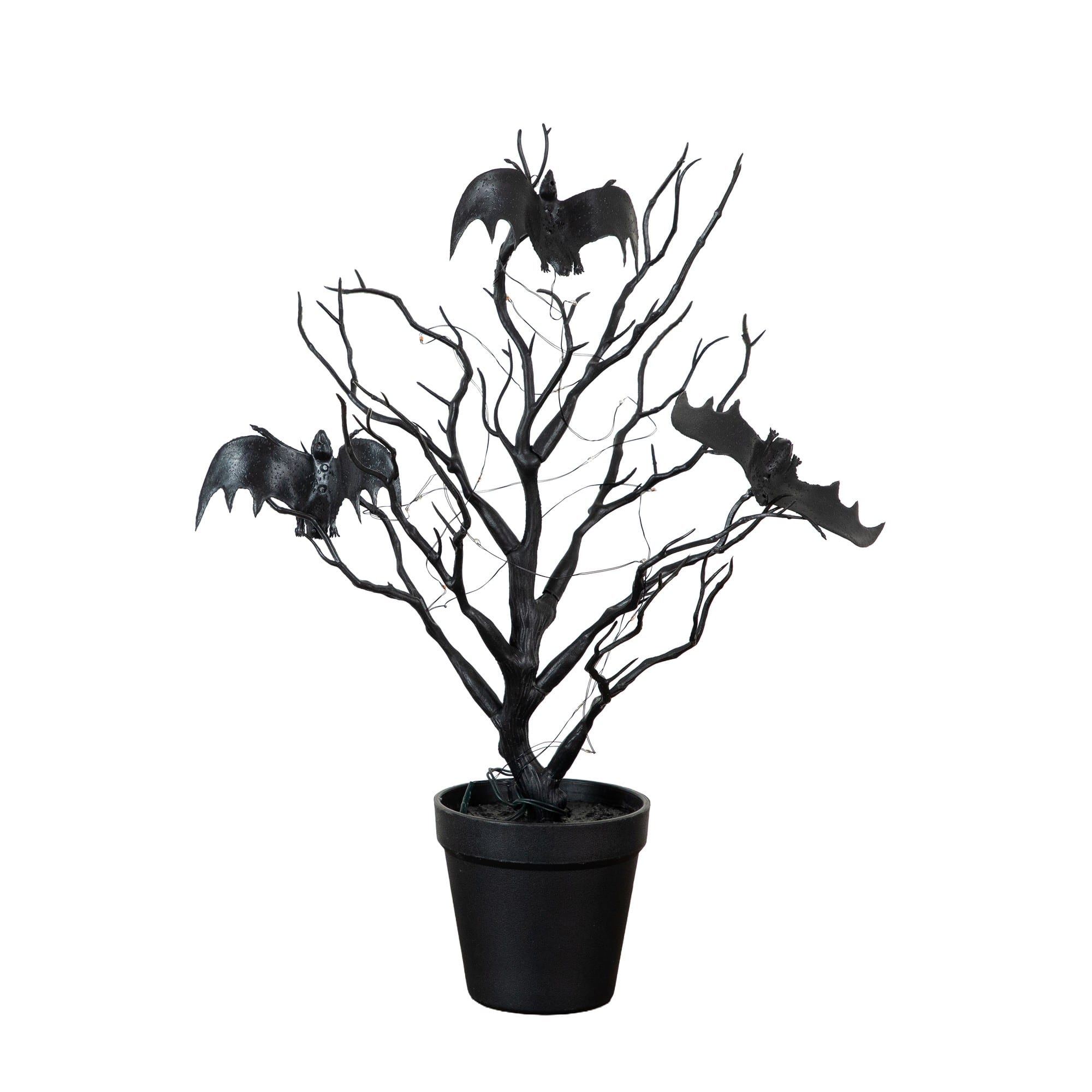 16" Pre-Lit Artificial Halloween Black Spooky Twig Tree with Bats and 20 Orange & Purple LED Lights