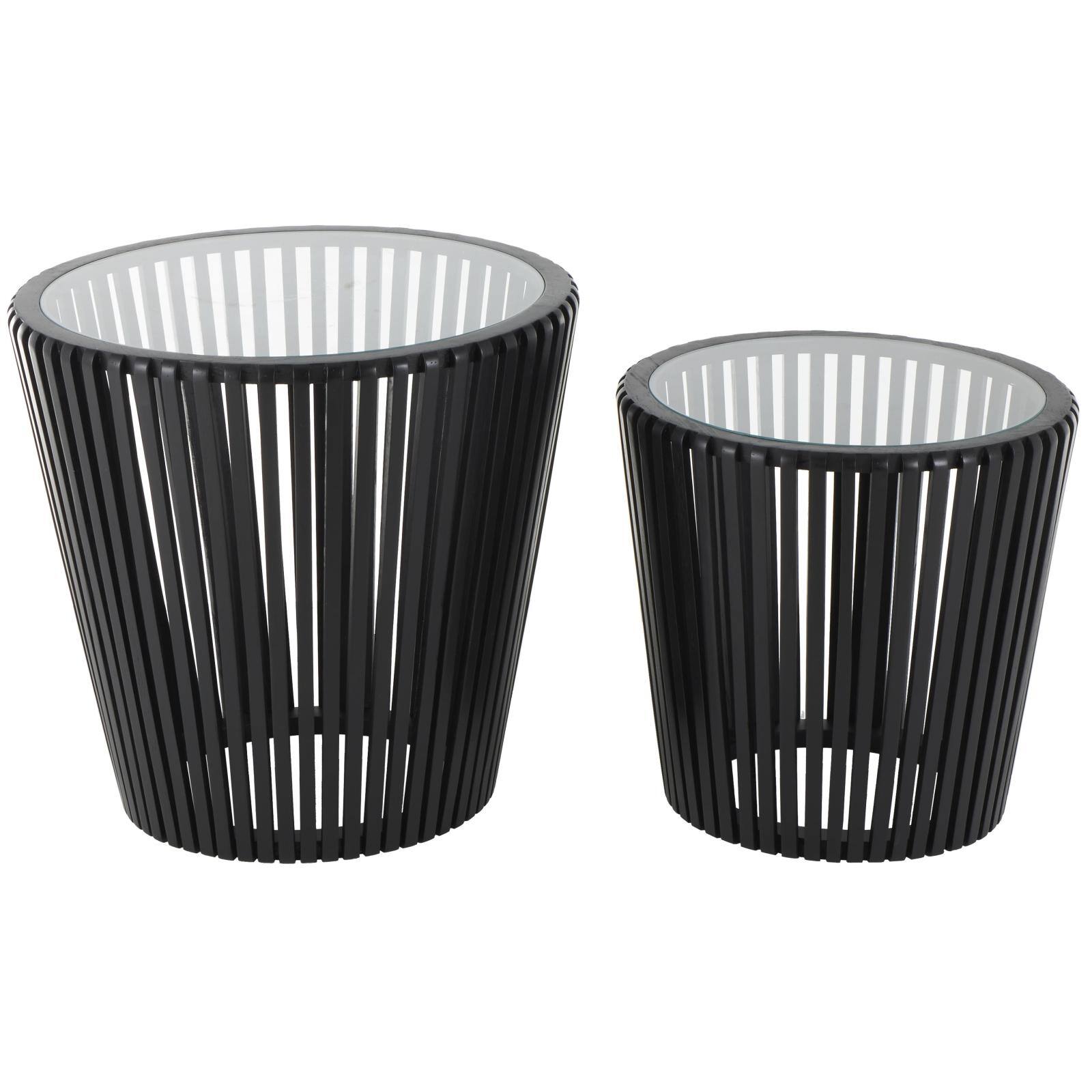 Black Wood Cage Inspired Accent Table with Clear Glass Tabletop Set