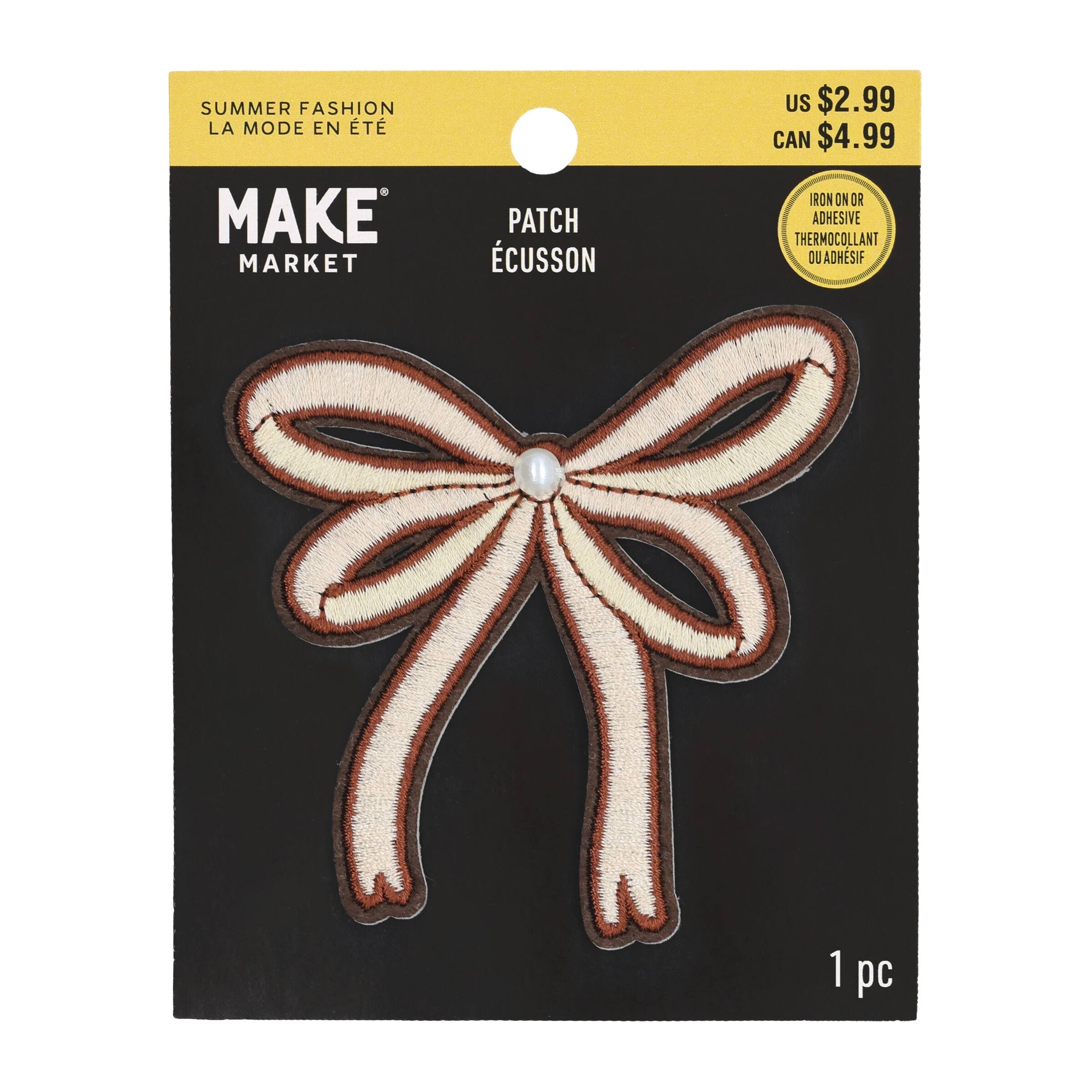 Summer Fashion Cream & Brown Bow Iron-On & Adhesive Embroidered Patch by Make Market®