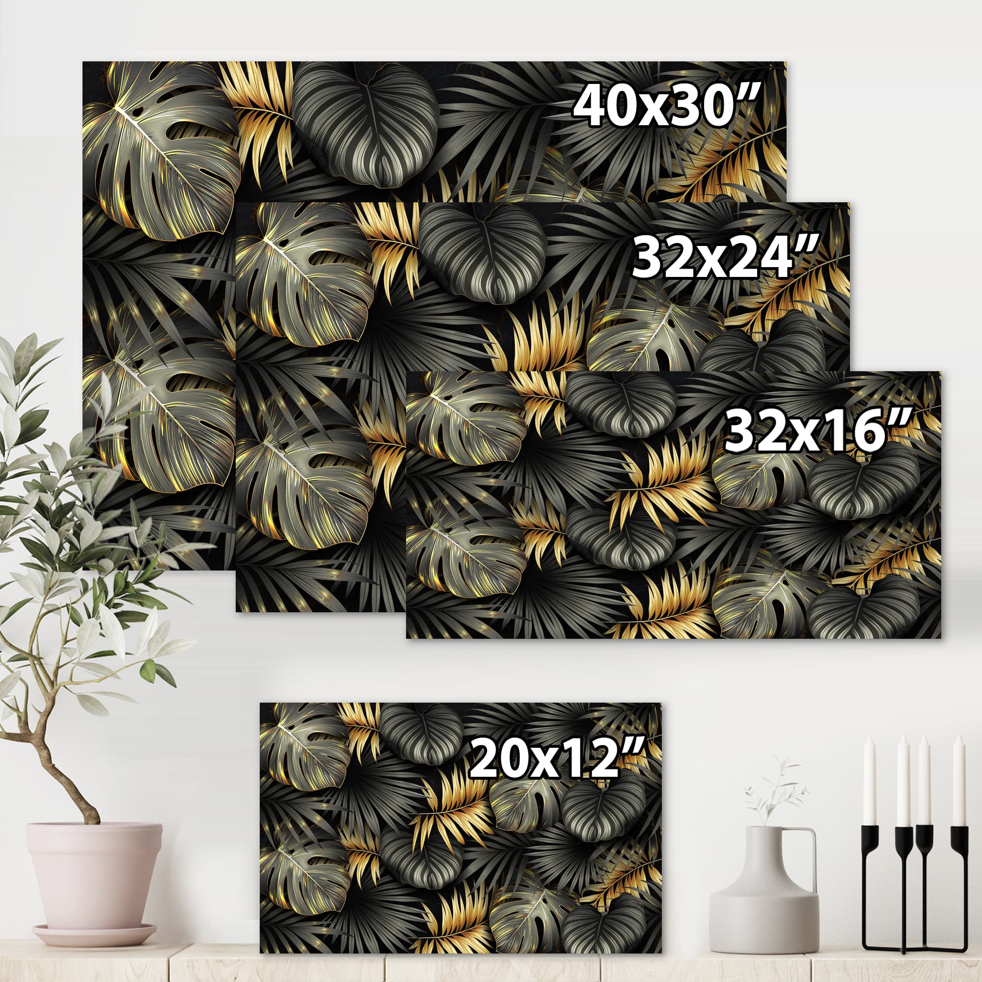 Designart - Black and Gold Tropical Leaves II - Modern Canvas Wall Art Print
