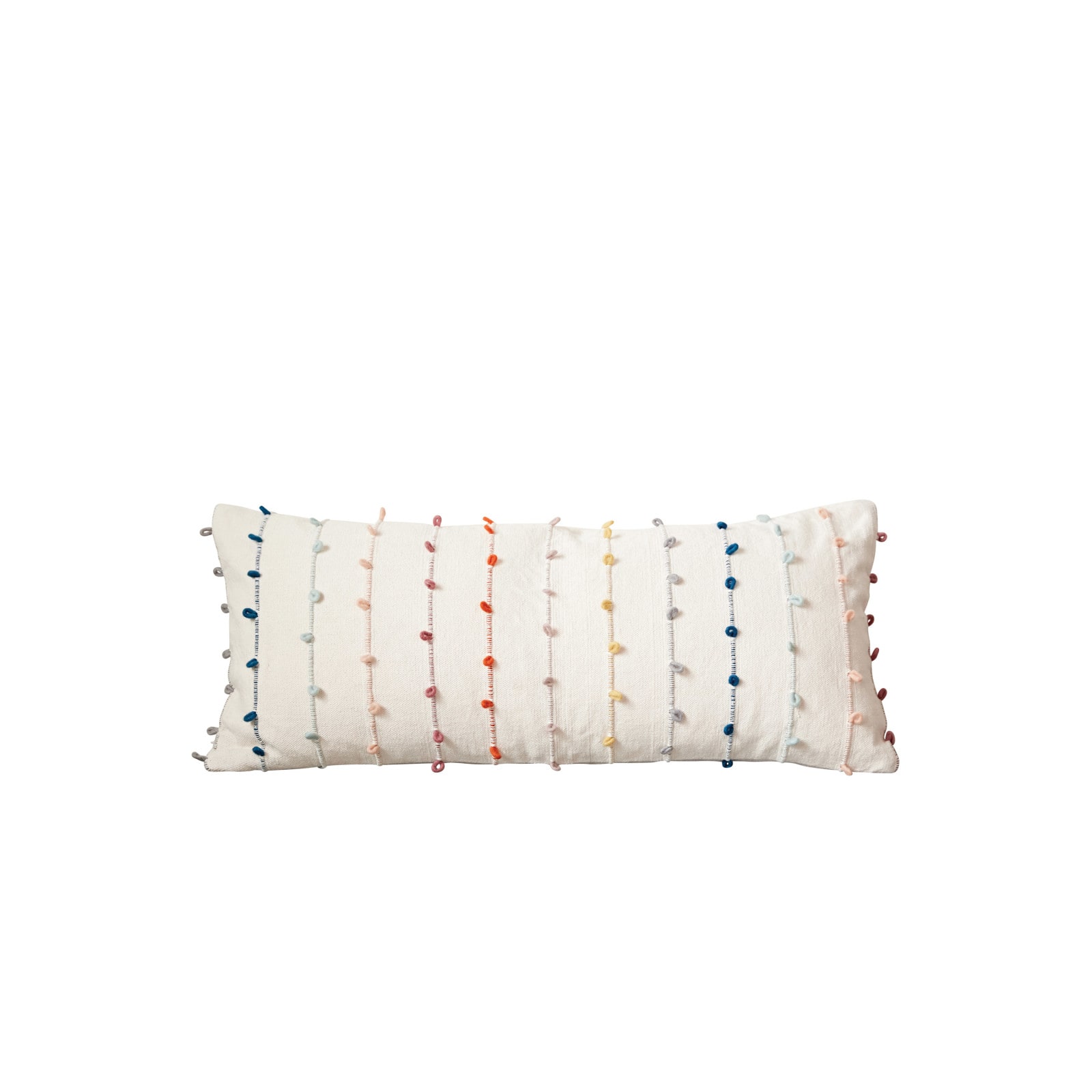 Hello Honey® White Cotton Pillow with Multicolor Embroidered Loop Stripes