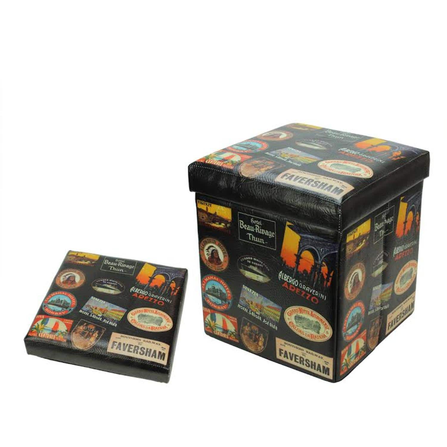 15" Brown with Travel Stickers Collapsible Ottoman