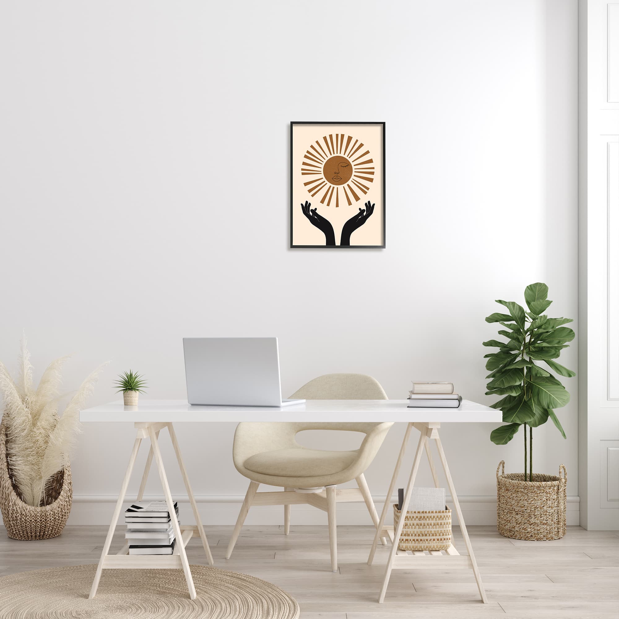Stupell Industries Hands Holding Desert Sun with Face Linework in Frame Wall Art
