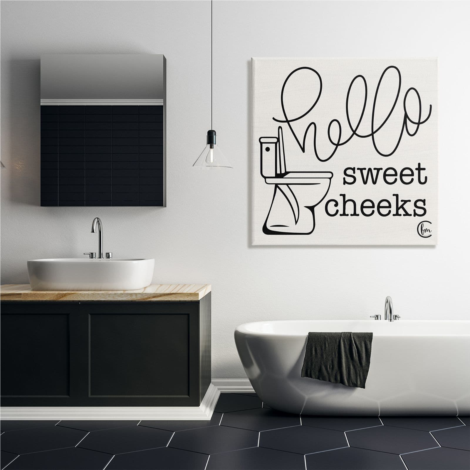 Stupell Industries Toilet Hello Sweet Cheeks Black and White Curly Script Cursive Typography Canvas Wall Art