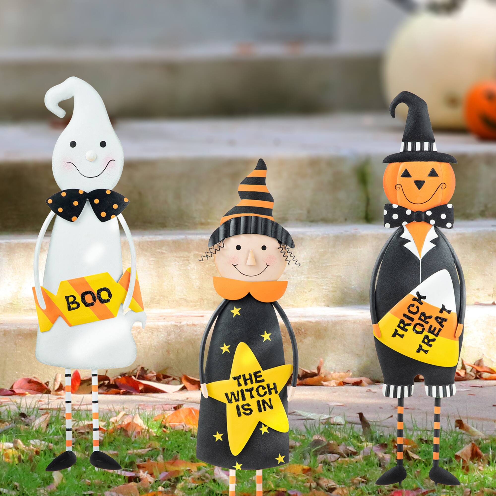 Glitzhome® 2ft. Halloween Metal Ghost, Witch and Pumpkin Yard Stake Set