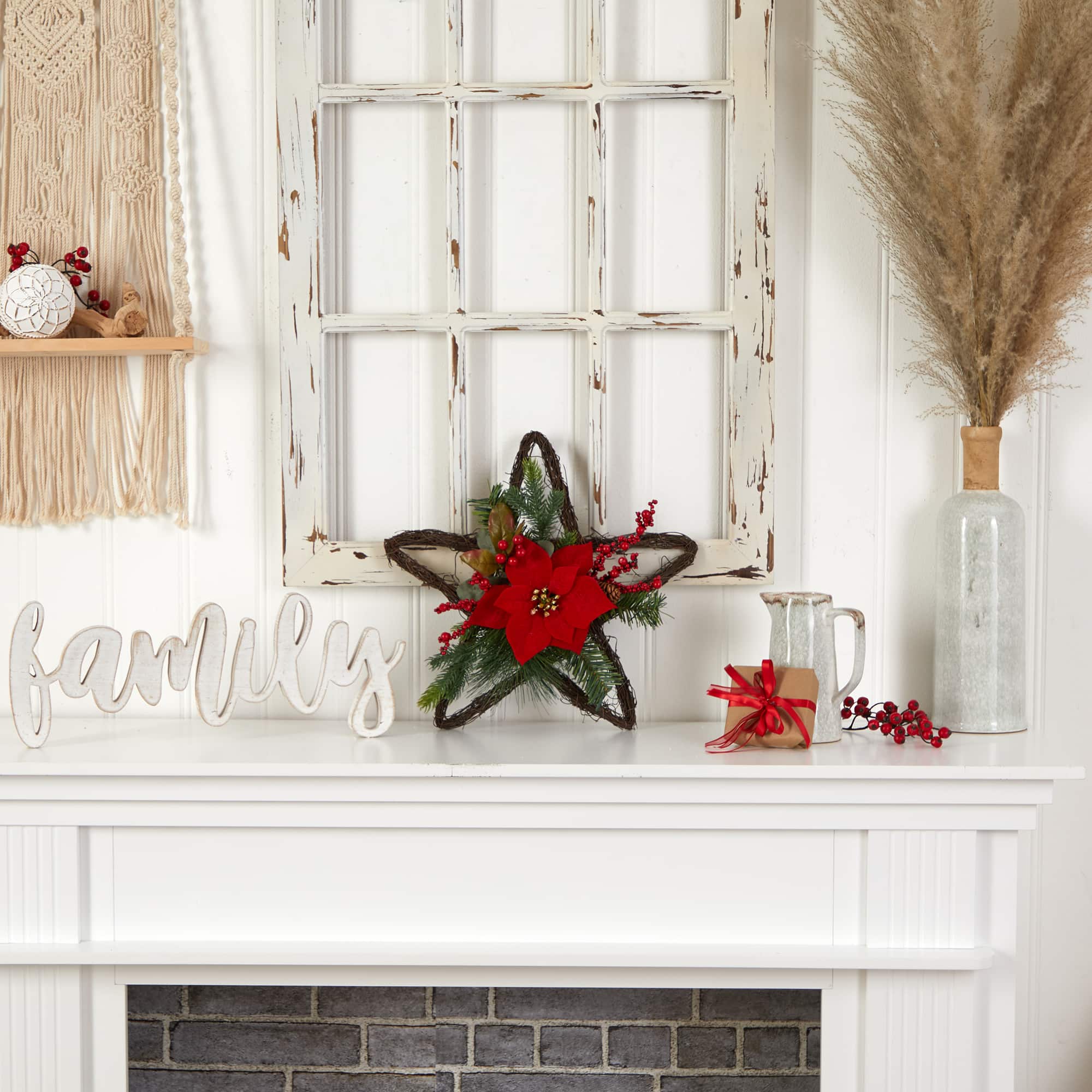 16" Holiday Christmas Poinsettia Star Twig Wreath