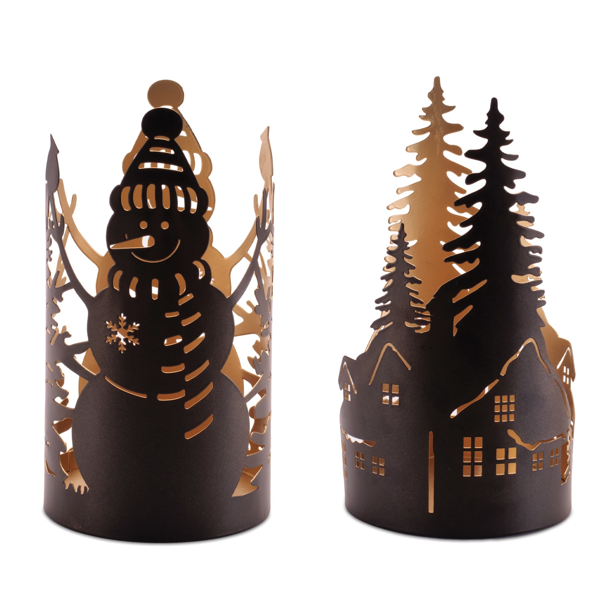 Melrose Snowman & Forest Metal Cut Candle Holder Set