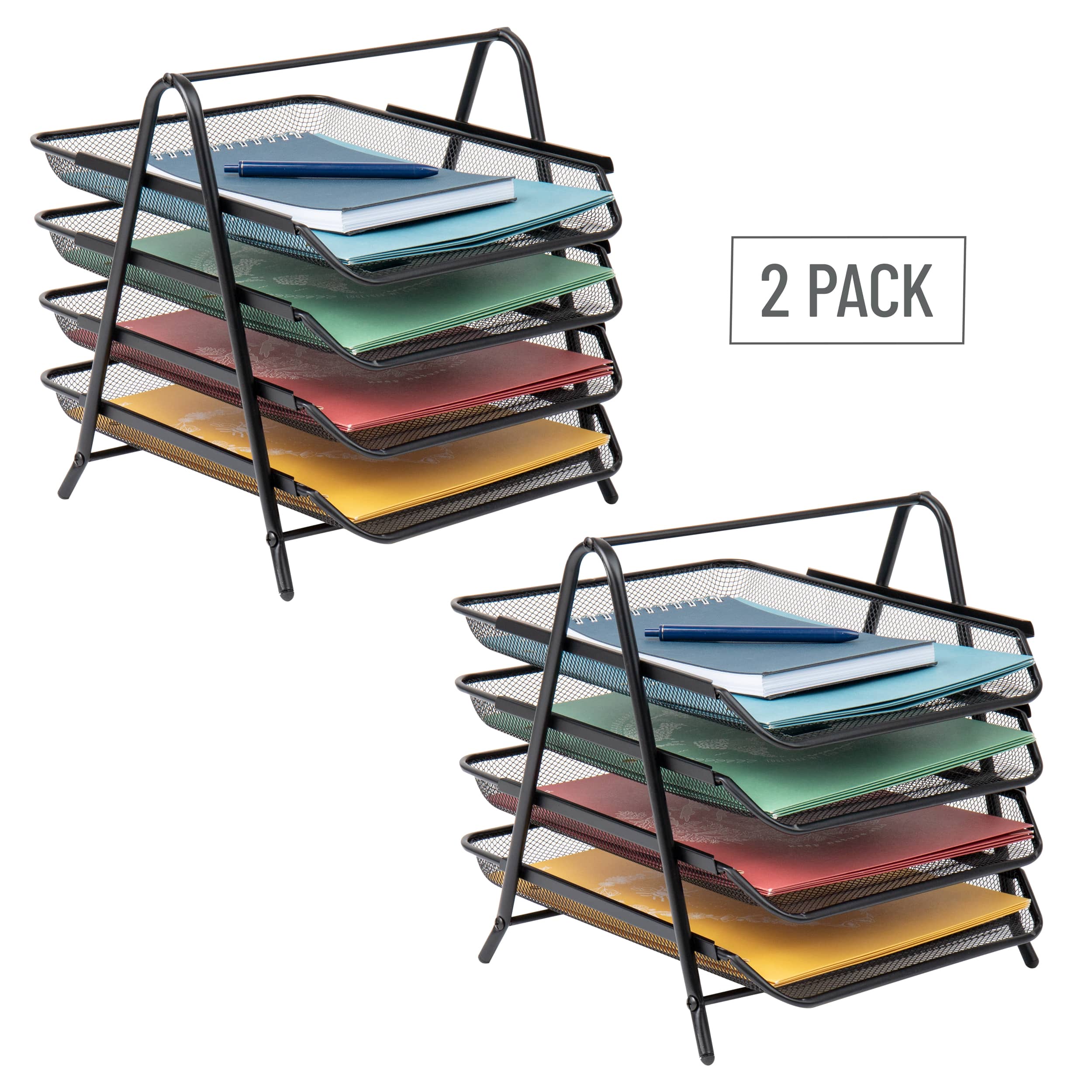 Mind Reader 4-Tier Paper Tray, Desktop Organizer, File Storage, Office, Metal Mesh, 12"L x 13.75"W x 12.5"H, Pack of 2, Black