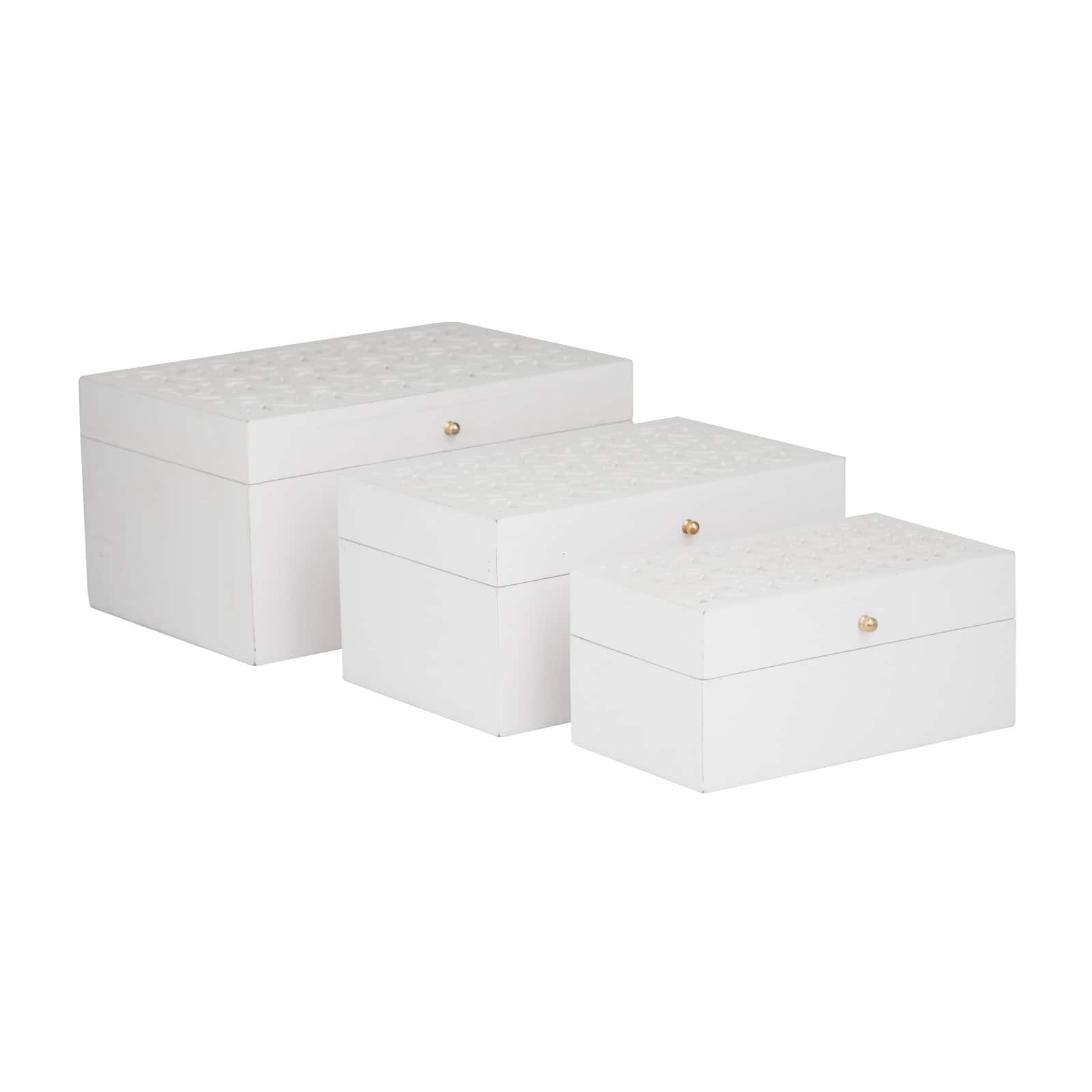 White Wood Intricate Carved Box with Hinged Lid Set
